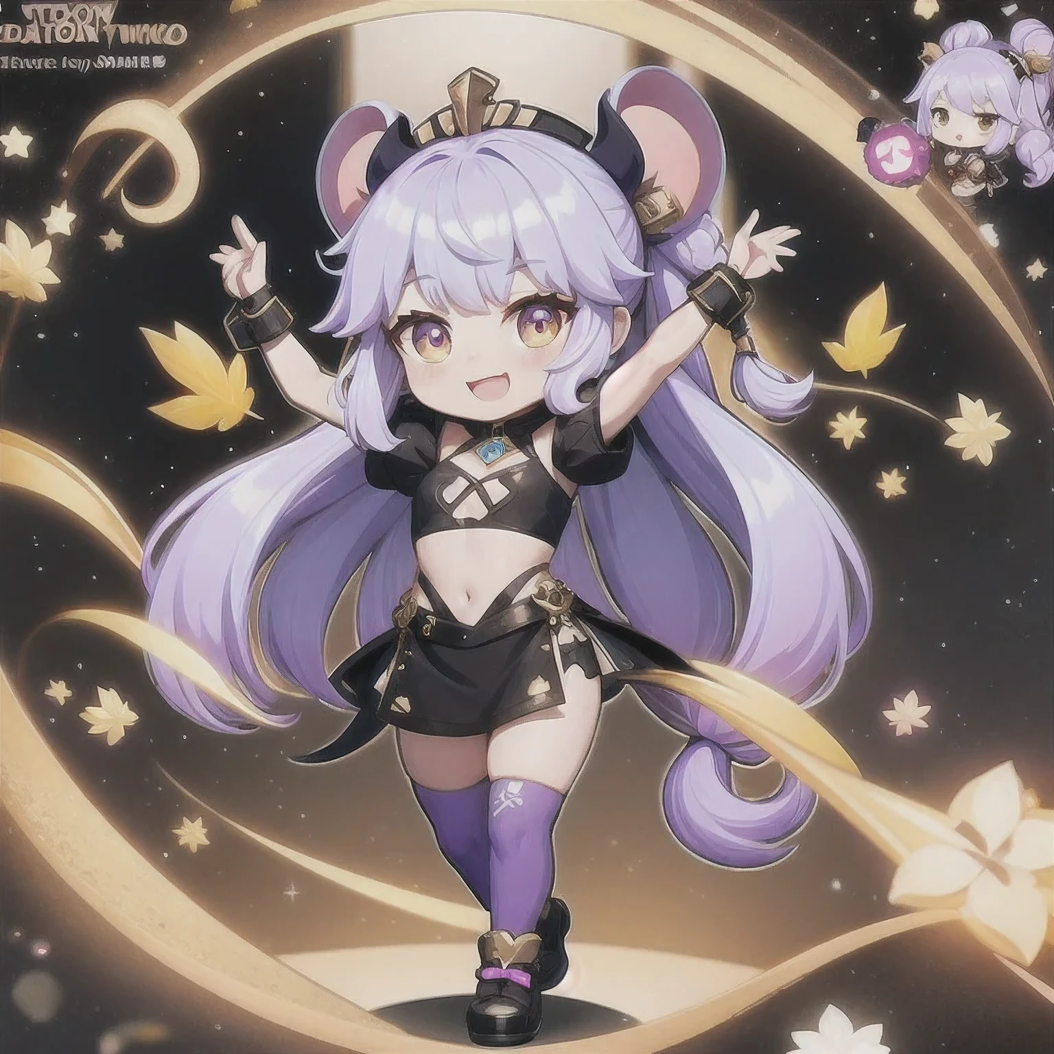 a cartoon image of a girl with a purple hair and a black top, kda, character art of maple story, advanced digital chibi art, arcane art style, 2 d sprite, genshin impact character, official character art, chibi monster girl, chibi, , noire, ayaka genshin impact, maplestory mouse, hero 2 d fanart artsation，a cartoon image of a girl with a purple hair and a purple outfit, , chibi, kda, twitch emote, chibi monster girl, [[[[grinning evily]]]], 2 d sprite, of a ramlethal valentine, holding a pudica pose, melty, cute cyber gods, advanced digital chibi art