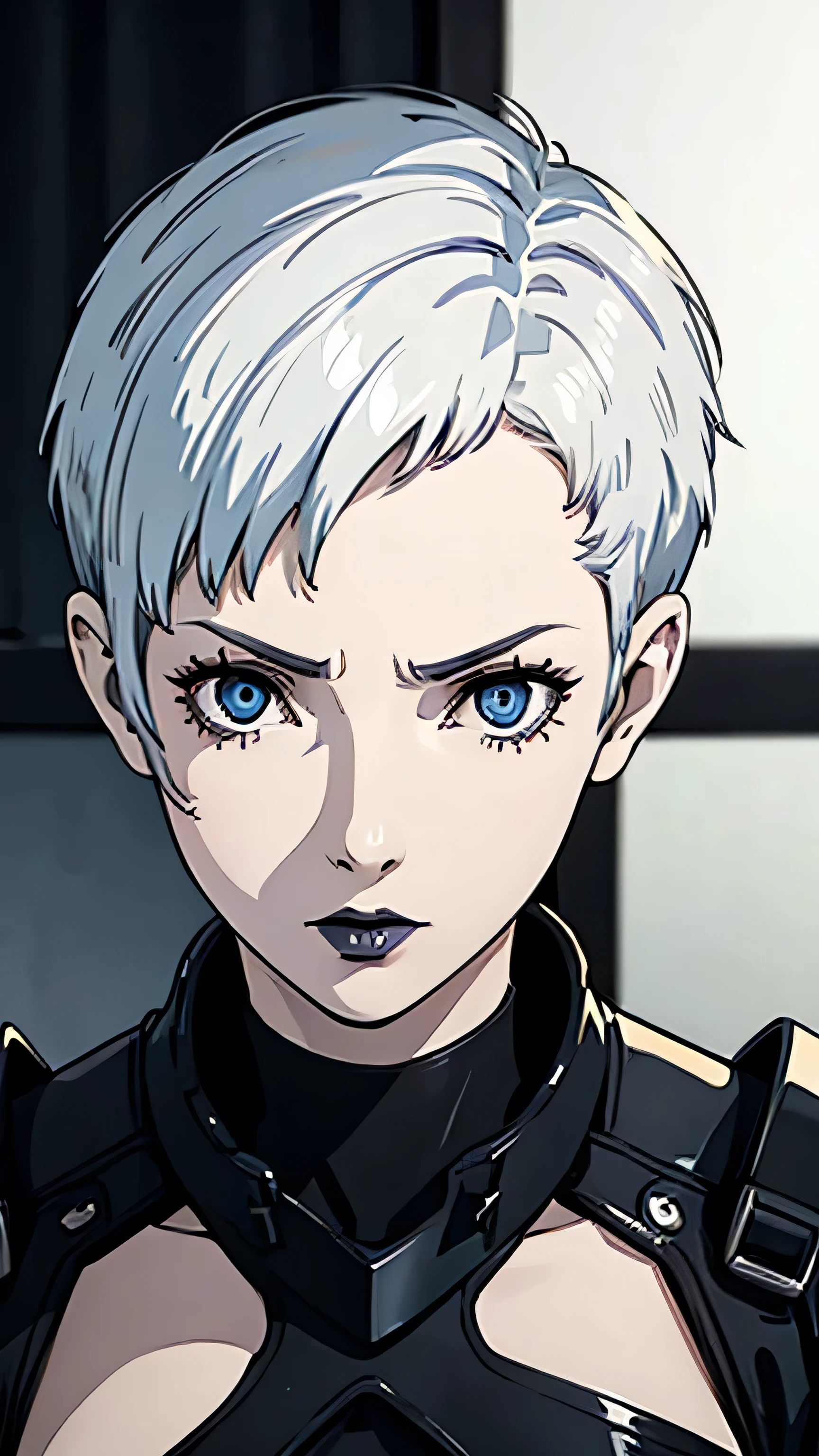 1girl, serious face, lipstick, white hair, blue eyes, Pixie hair cut, Black battle suit, black choker, Black lipstick, shaved hair, tomboy Pixie haircut, dynamic pose, 3/4 body