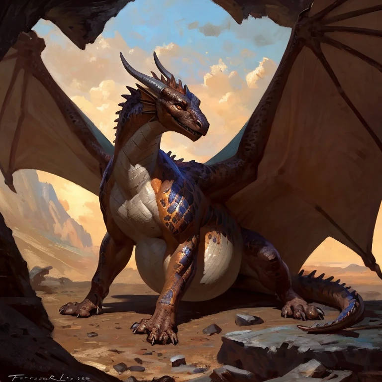 Detailed painting, by Taran Fiddler, solo, dragon, full body, feral, in cave, small dragoness, dainty, friendly, colorful bronze scales, rounded snout, wings, pregnant, amber eyes