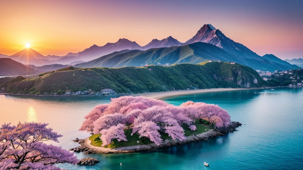 Create a stunning anime scene of a mountain range meeting the sea at sunset. The majestic mountains are covered in lush greenery, with jagged peaks that contrast beautifully against the vibrant sky. The sun is setting, casting warm hues of orange, pink, and purple across the horizon, reflecting on the calm, crystal-clear waters of the sea. Small fishing boats are gently swaying in the water, and cherry blossom trees are scattered along the coastline, their petals drifting in the breeze. The overall atmosphere is serene and picturesque, capturing the tranquil beauty of nature.