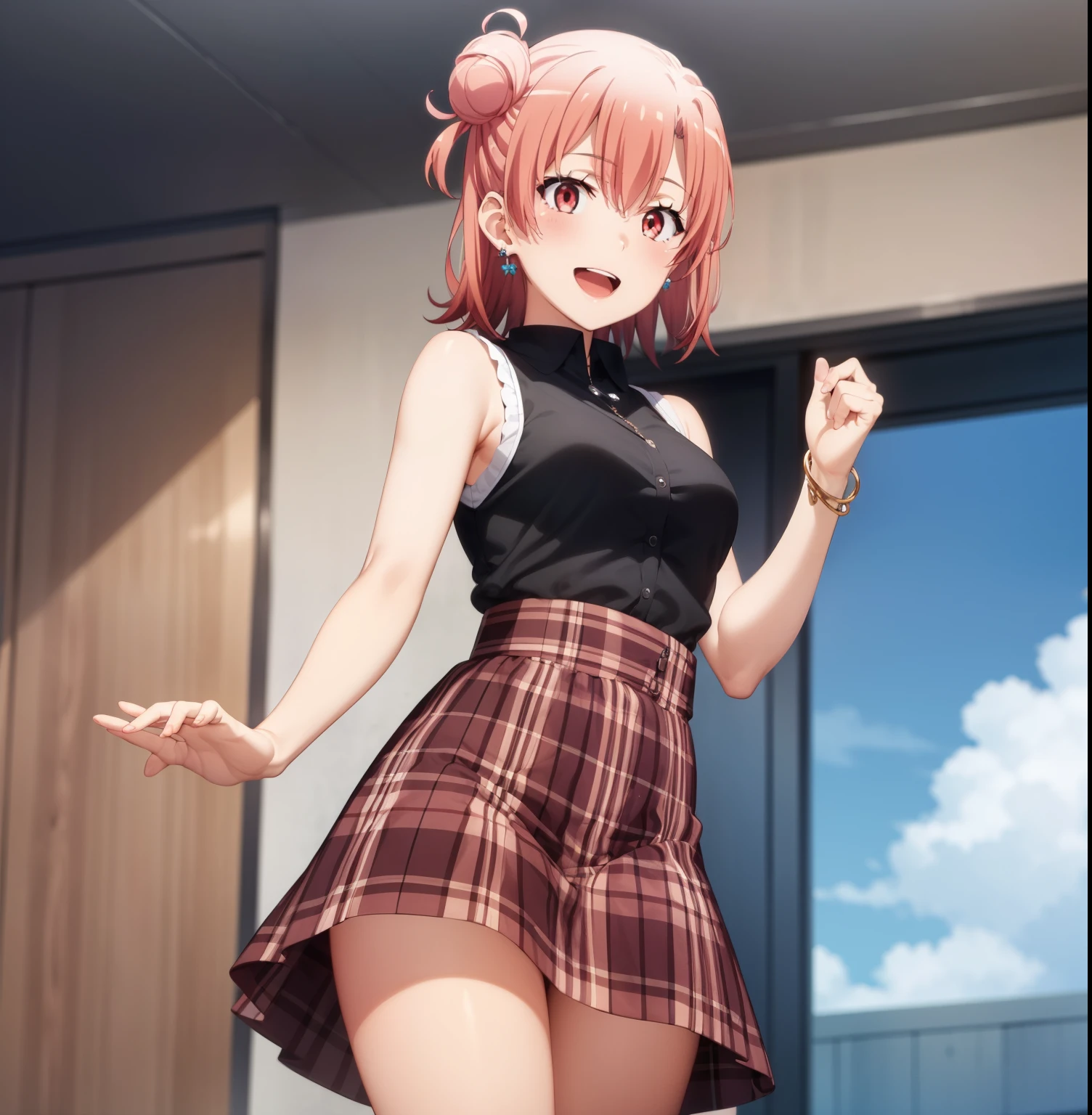 1girl, alone, yuigahama Yui,best quality, masterpiece, highres, short_hair, pink_hair, hair_bun, single_hair_bun, blush, Full body, earrings, jewelry, shirt, sleeveless, smile, looking_at_viewer, from behind, pov (from below),open_mouth, red_eyes, :d, skirt, sleeveless_shirt, upper_body, bangs, perfect hands, perfect anatomy
