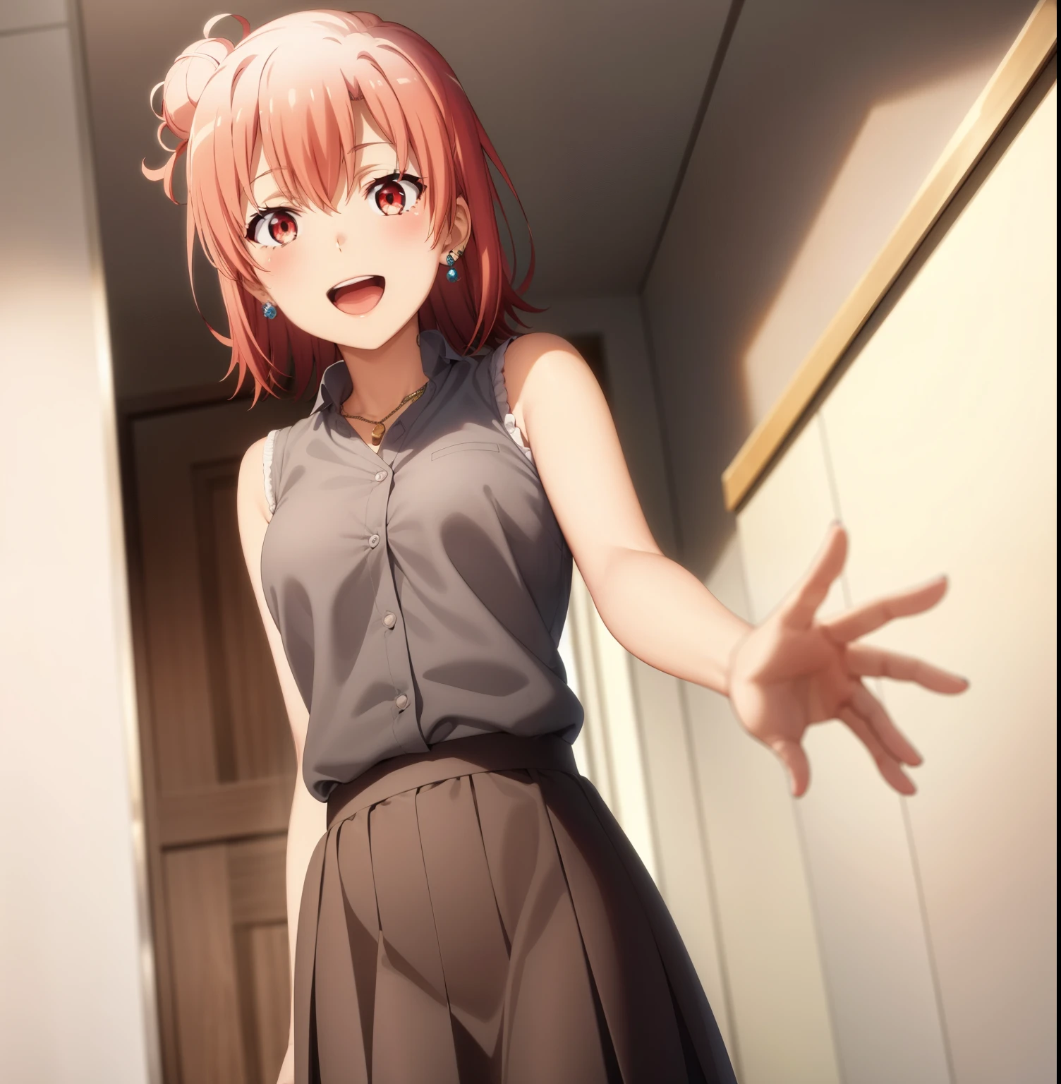 1girl, alone, yuigahama Yui,best quality, masterpiece, highres, short_hair, pink_hair, hair_bun, single_hair_bun, blush, Full body, earrings, jewelry, shirt, sleeveless, smile, looking_at_viewer, from behind, pov (from below),open_mouth, red_eyes, :d, skirt, sleeveless_shirt, upper_body, bangs, perfect hands, perfect anatomy
