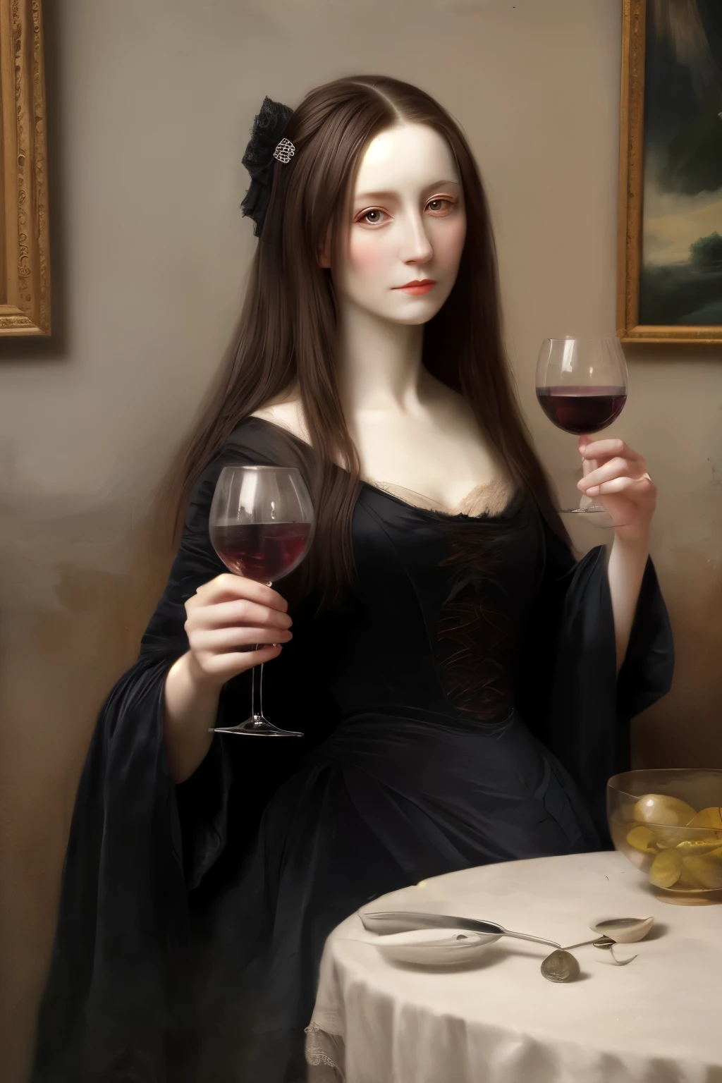 White woman,emaciated,Holding a red wine glass,Leaning on the small table。There are many paintings hanging on the wall behind me.。Oil painting texture。Black long straight hair,Vampire aristocracy,Older。Gorgeous and rich