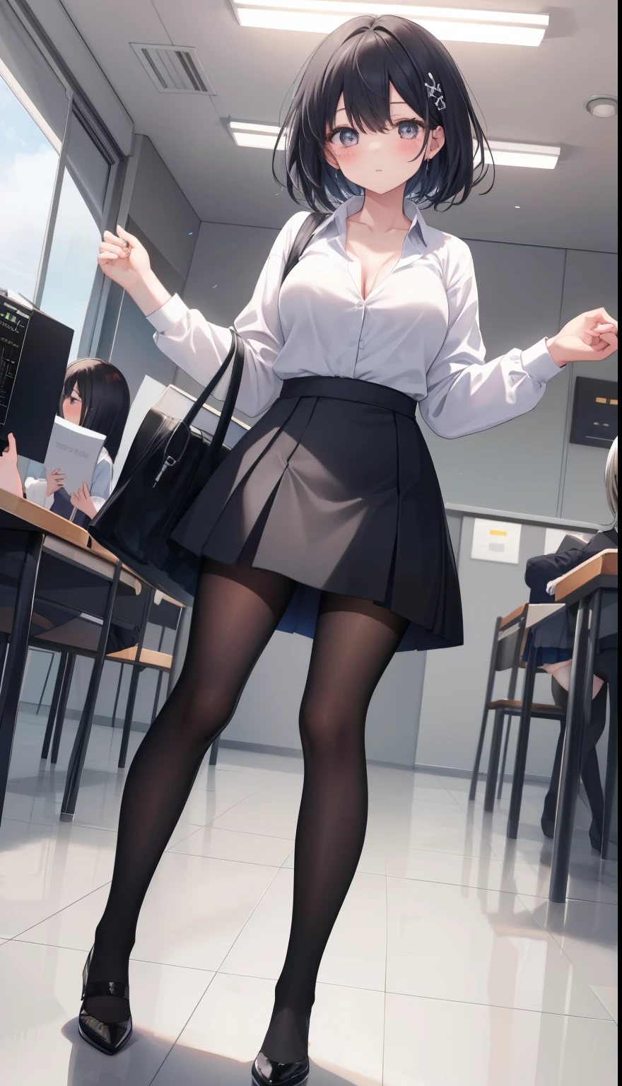 One Girl、positive、Standing posture、Full body portrait、Black Hair、Medium Haircut、blush、Absolute area、Black knee-high socks、Knee-length、stockings、Black Pantyhose、White underwear、Light blue shirt、Blue-gray business suit、Grey tight super mini skirt、Japanese office lady、Summer clothes、classroom、Standing at the podium、Daytime、（Very large breasts）、Cleavage、open chest shirt、((Lesbians all over the world))、masterpiece、（highest quality）、
Panties around the ankles、Black high heels、Shirt buttons fly off、The wind blows up my skirt、hold the skirt with both hands