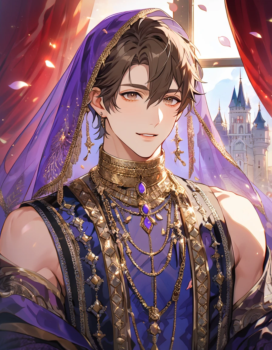 absurdres, highres, ultra detailed, HDR, master piece, best quality, perfect face, beautiful eyes, delicate features, Eiden, brown hair, expressive brown eyes, Nu Carnival, solo, man, handsome, bedlah clothes, purple pants, purple veil, window, castle, red curtains, petals, chandelier