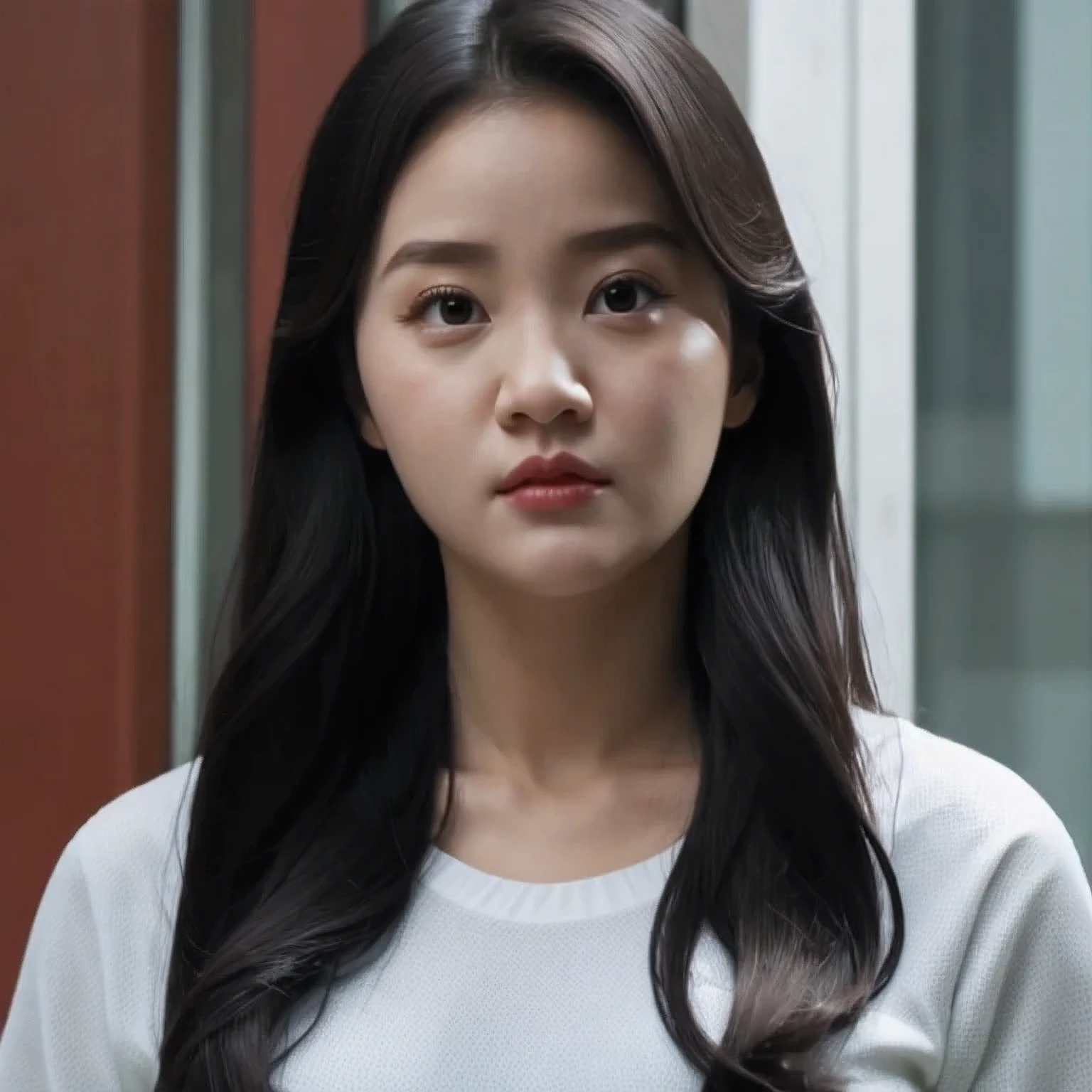 arafed woman with long black hair and a white shirt, she has a distant expression, iu lee ji-eun as a super villain, but a stern look about her, she has a cute expressive face, young wan angel, girl next door innocent look, high drama, sideways glance, kwak ji young, movie screencap, handsome girl, innocent look, brilliant, 1girl, solo