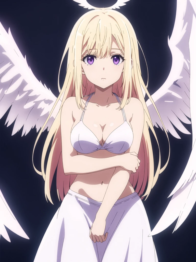 1girl, purple color eyes, looking at viewer, solo, white bikini, cleavage, angel, angel wings, collarbone, feathered wings, white wings, blonde hair, standing, perfect quality, good quality, masterpiece, HDR, UHD
