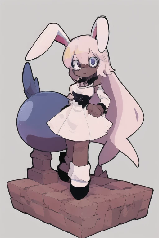 VibriVR, , rabbit ears, rabbit girl,black skin, polygon,complex eyes,black eyes, white dress sits on a blue ball