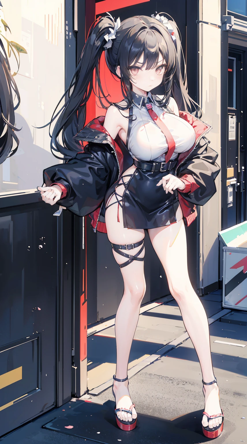 masterpiece,anime style,chibi,sexy girl,black hair,shoulder length hair with two pigtails,police costume,serious face,big breasts,waiting on the right side of the image,full body,standing alone,pointing at someone,
