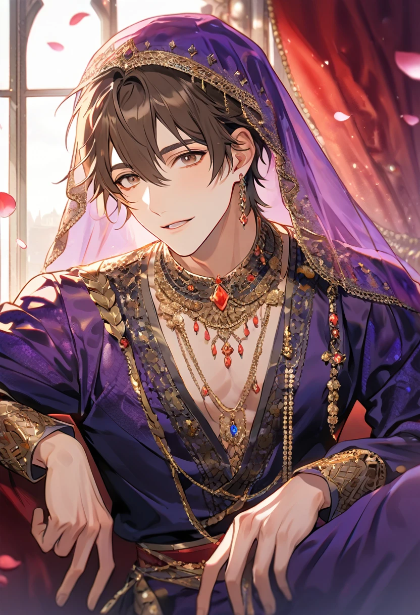 absurdres, highres, ultra detailed, HDR, master piece, best quality, perfect face, beautiful eyes, delicate features, Eiden, brown hair, expressive brown eyes, Nu Carnival, solo, man, handsome, bedlah clothes, purple pants, purple veil, window, castle, red curtains, petals, chandelier