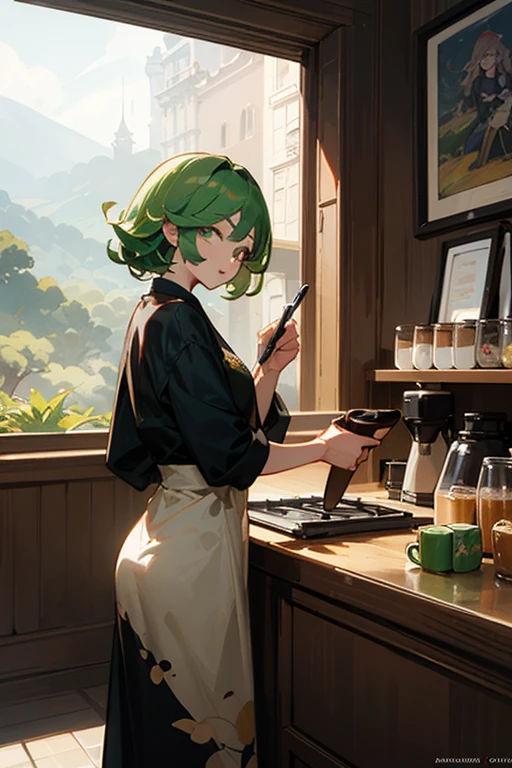 La caricaturista Barry sirve café en una Coffee shop., chica misteriosa de la Coffee shop, cocinando, chica lofi, Coffee shop, coffee shop, Fanart de alta calidad, tatsumaki, torrencial, ( camarera ) chica, 🪔 🎨;🌞🌄, Thanos como barista de Starbucks, loputyn y matcha, fanart oficial, encantador estilo de arte, Autor:Maestro del chino Han