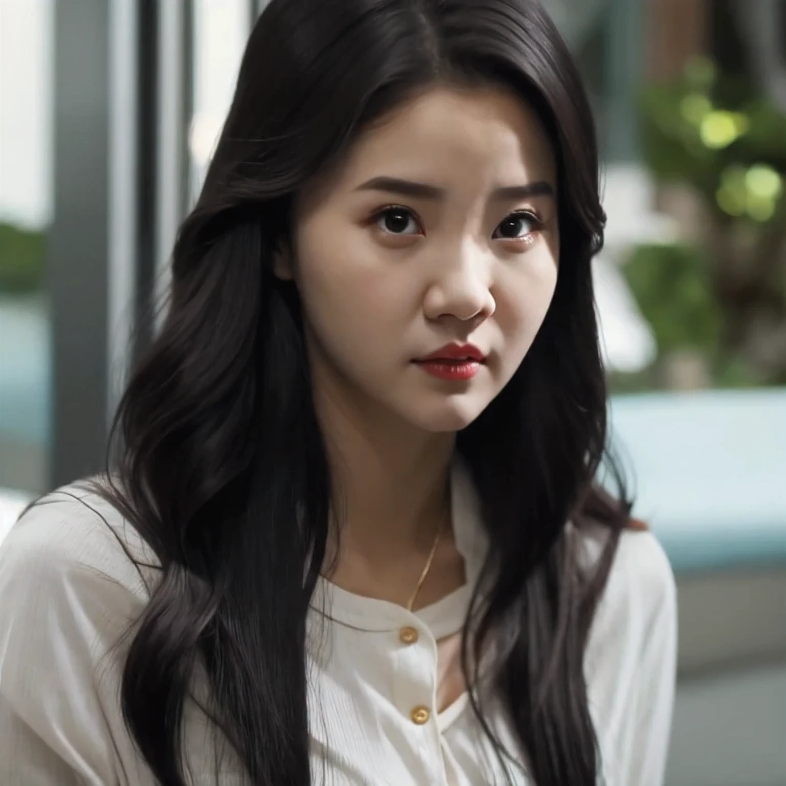 arafed woman with long black hair and a white shirt, she has a distant expression, iu lee ji-eun as a super villain, but a stern look about her, she has a cute expressive face, young wan angel, girl next door innocent look, high drama, sideways glance, kwak ji young, movie screencap, handsome girl, innocent look, brilliant, 1girl, solo