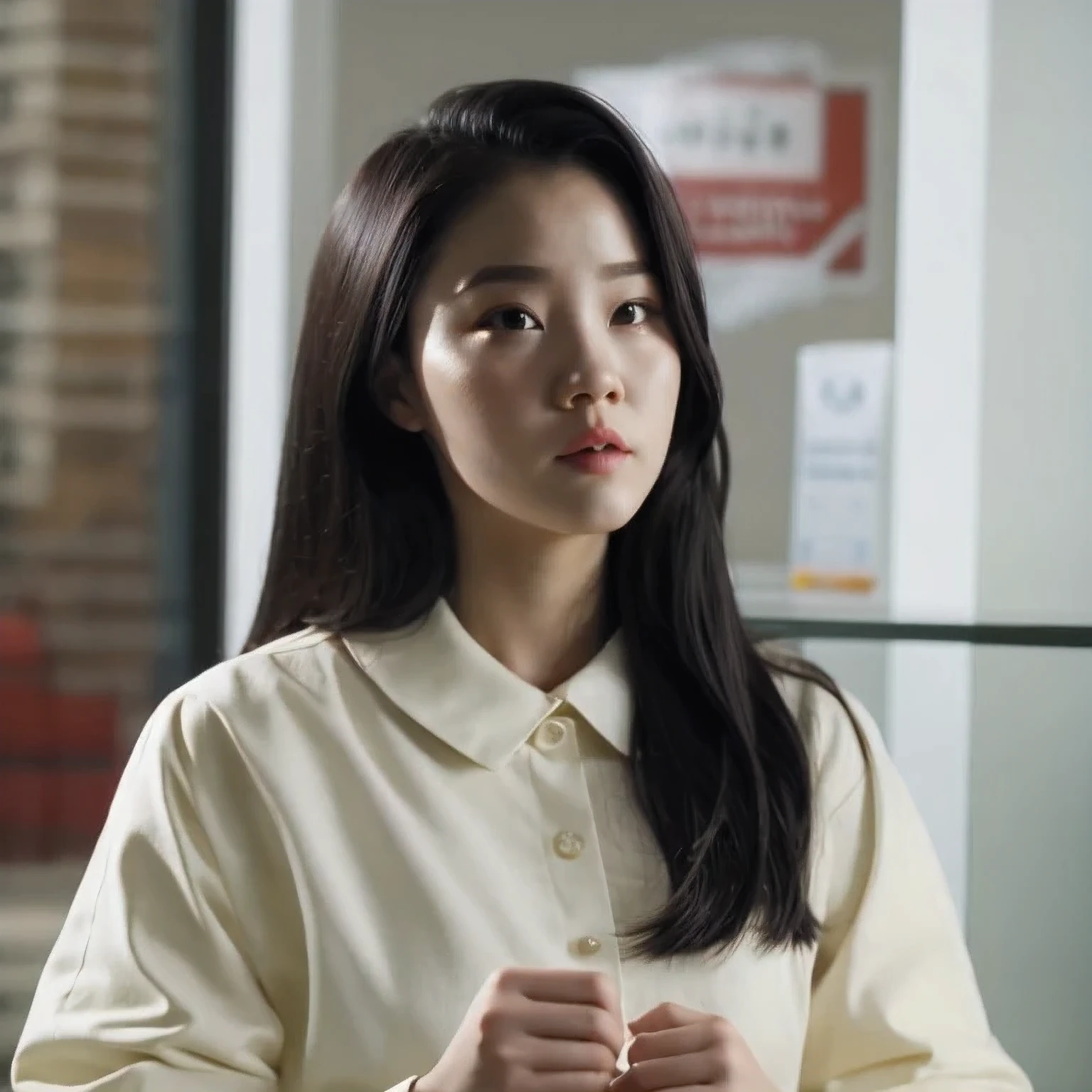 arafed woman with long black hair and a white shirt, she has a distant expression, iu lee ji-eun as a super villain, but a stern look about her, she has a cute expressive face, young wan angel, girl next door innocent look, high drama, sideways glance, kwak ji young, movie screencap, handsome girl, innocent look, brilliant, 1girl, solo