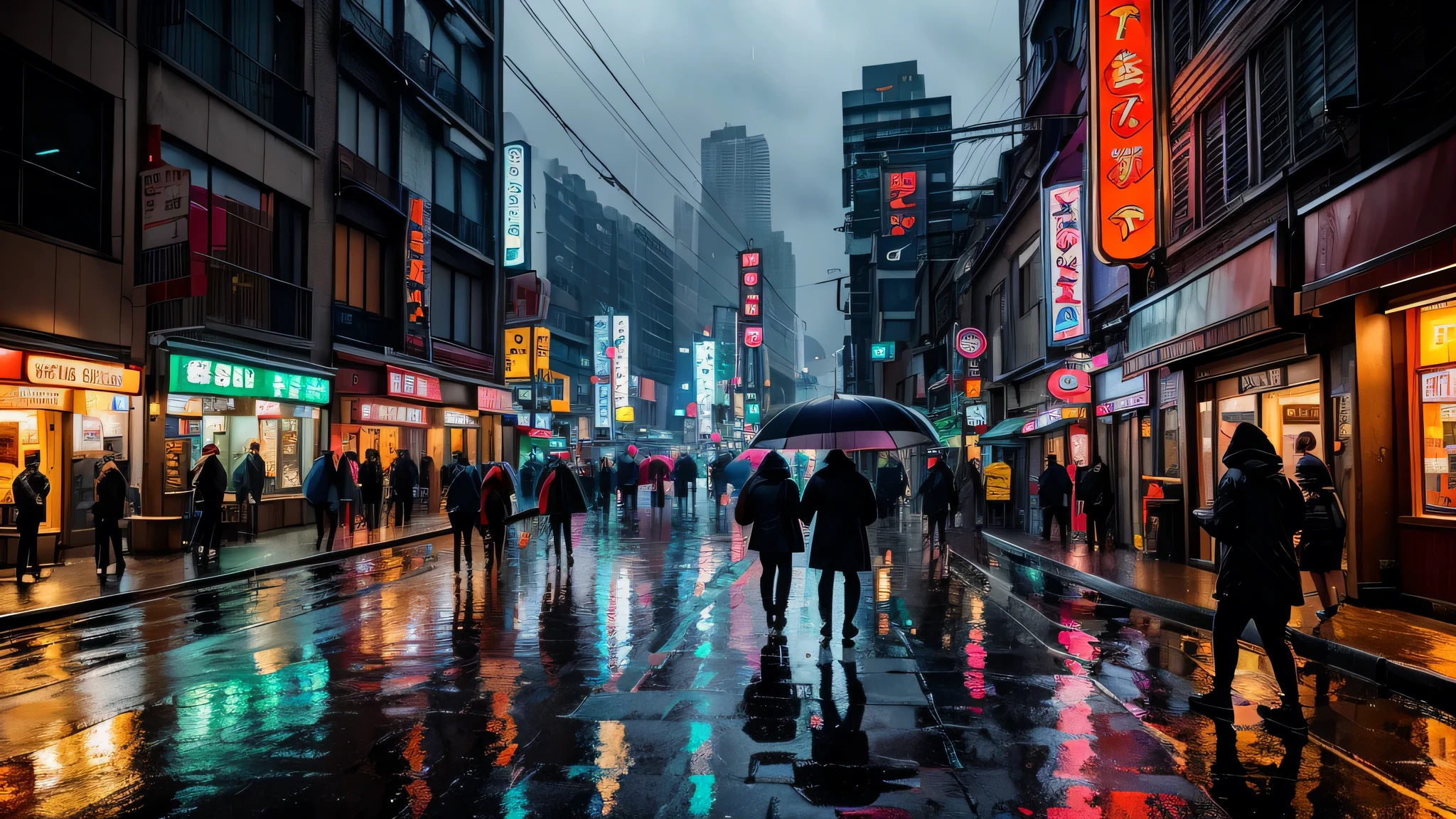 Picture a moody anime street scene on a rainy night in the city. The street glistens with reflections of neon signs and streetlights in the puddles. Umbrellas of various colors dot the sidewalk as people hurry by, and the warm glow from a ramen shop invites passersby to take shelter. The rain adds a reflective, atmospheric quality to the bustling urban environment.