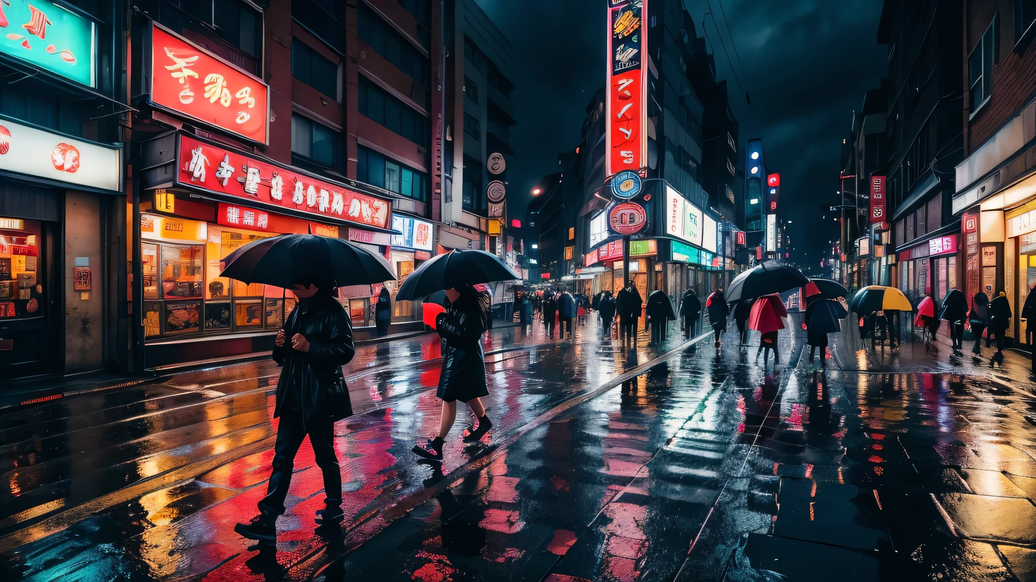 Picture a moody anime street scene on a rainy night in the city. The street glistens with reflections of neon signs and streetlights in the puddles. Umbrellas of various colors dot the sidewalk as people hurry by, and the warm glow from a ramen shop invites passersby to take shelter. The rain adds a reflective, atmospheric quality to the bustling urban environment.