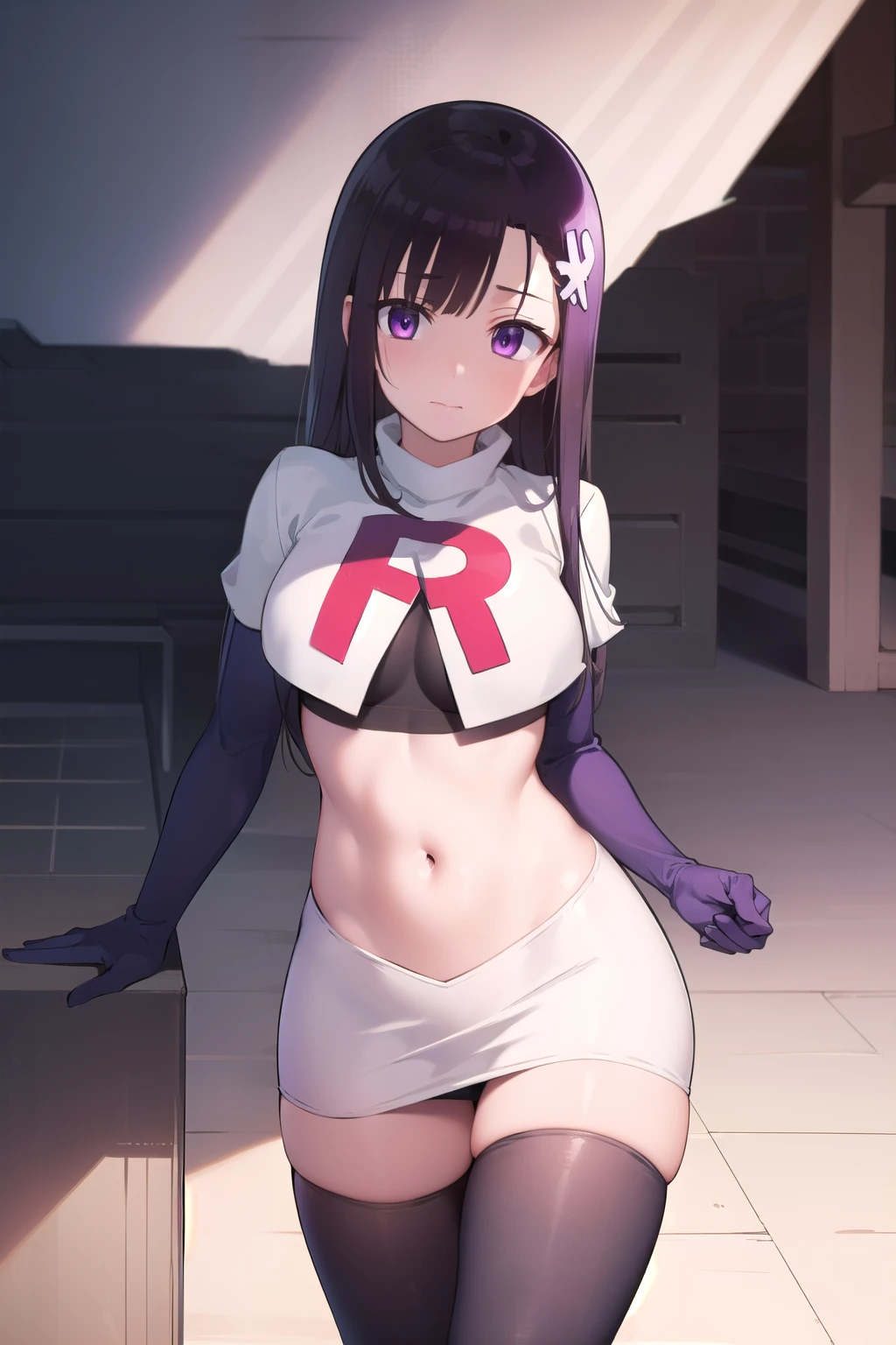 hitomihino, hitomi hino, long hair, black hair, hair ornament, (purple eyes:1.1),
BREAK team rocket,team rocket uniform,white skirt,red letter R,crop top,black thigh-highs,black elbow gloves,
BREAK looking at viewer, cowboy shot,
BREAK (masterpiece:1.2), best quality, high resolution, unity 8k wallpaper, (illustration:0.8), (beautiful detailed eyes:1.6), extremely detailed face, perfect lighting, extremely detailed CG, (perfect hands, perfect anatomy),