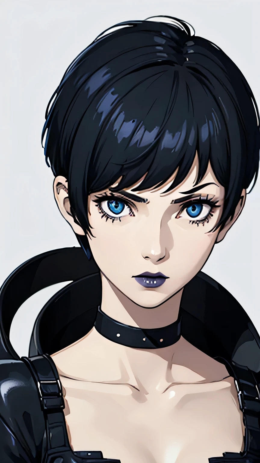 1girl, serious face, lipstick, white hair, blue eyes, Pixie hair cut, Black battle suit, black choker, Black lipstick, shaved hair, tomboy Pixie haircut, dynamic pose, 3/4 body