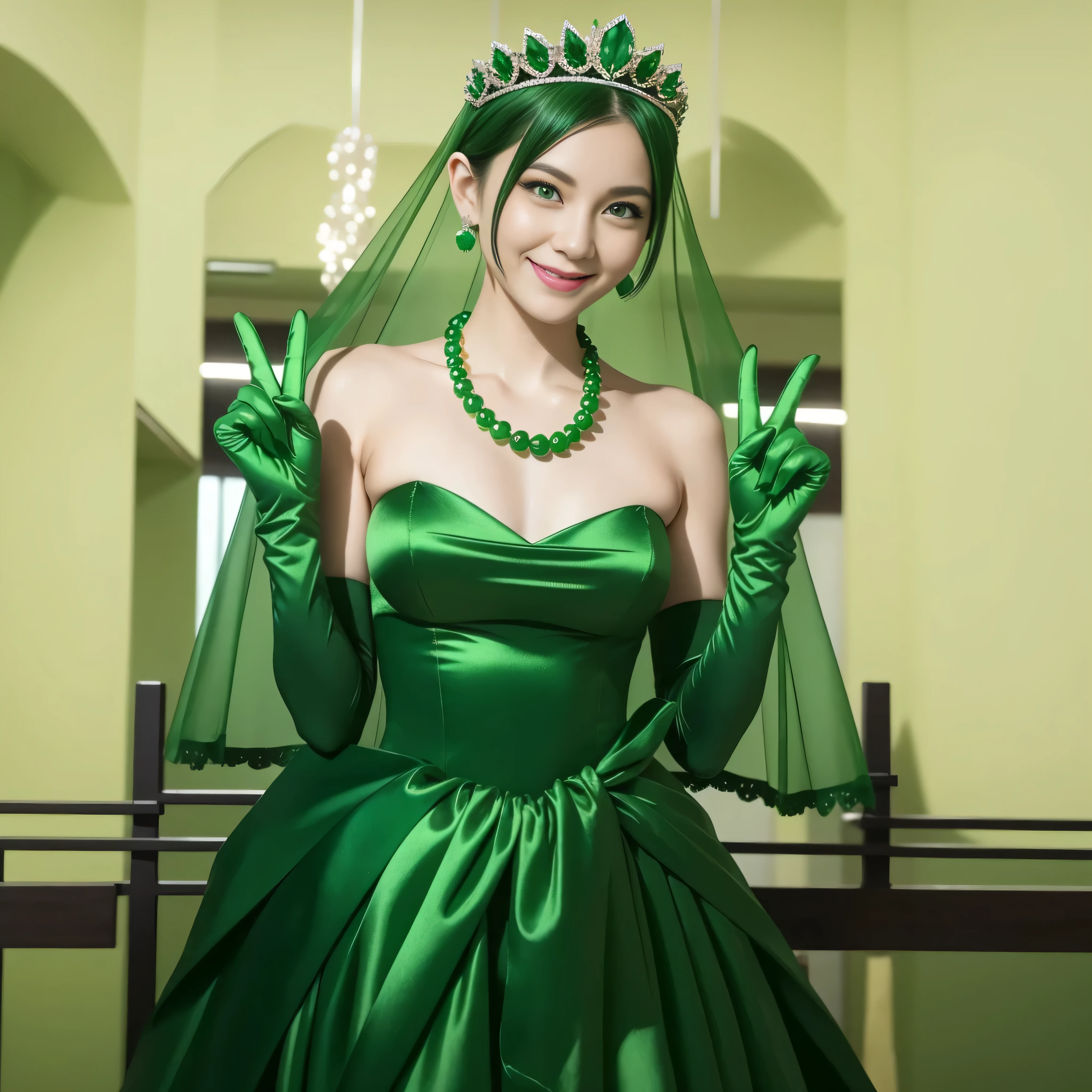 Emerald tiara, Green Pearl Necklace, Boyish very short green hair, lipstick, Smiling Japanese woman, Very short hair, Big and beautiful, Green Eyes, Long green satin gloves, Green Eyes, v sign, Emerald Earrings, Green veil