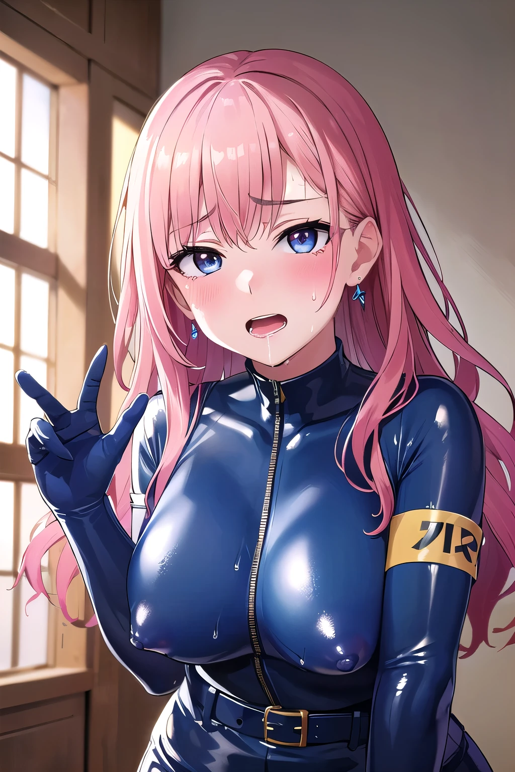 (8K, top-quality, masterpiece:1.2), (super detail), (one girl), (highly detailed), (beautifully detailed eyes), (of the highest quality), (super detailed), (masterpiece), (detailed face), (20yr old), (1 girl), (pink hair, long hair), (medium breasts), (clothed), (perfect lighting), BREAK, (upper body to knee:1.5), (wavy pink long hair), (relaxed smile), (soft bedroom background), (soft lighting, natural light from window), BREAK, (dark blue glossy catsuit:1.5), (futuristic:1.2), (active silhouette:1.3), (glossy stretch fabric:1.4), (mesh bodysuit:1.3), (decorative cutouts:1.2), (sapphire blue belt:1.4), (high-heeled boots:1.3), (geometric earrings:1.2), (armband:1.2), BREAK (sweat:1.5), (steam:1.2), (girl trembling with sexual climax:1.1), (looking at viewer:1.3), ahegao, (erect nipples:1.25), (open mouth, drool:1.2),