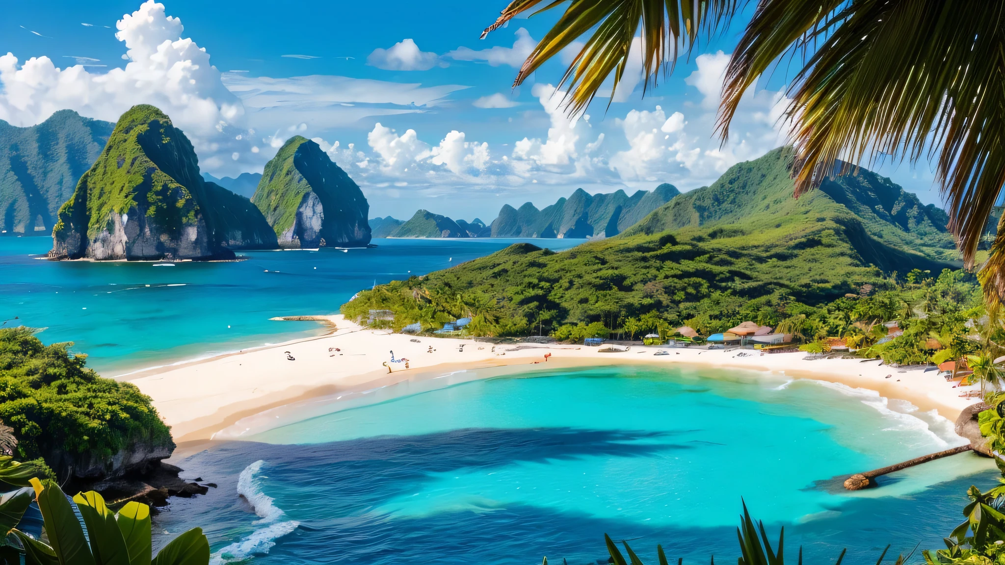 Design an anime scene of a tropical island featuring both dramatic mountains and a turquoise sea. The mountains rise steeply from the lush, dense jungle that covers the island, with waterfalls cascading down the rocky cliffs into the sea. The ocean is a brilliant blue, with gentle waves lapping against the pristine white sand beaches. Palm trees sway in the gentle breeze, and colorful tropical flowers bloom along the shore. The sky is clear with a few fluffy clouds, and the sun shines brightly, casting a warm, golden glow over the idyllic paradise.