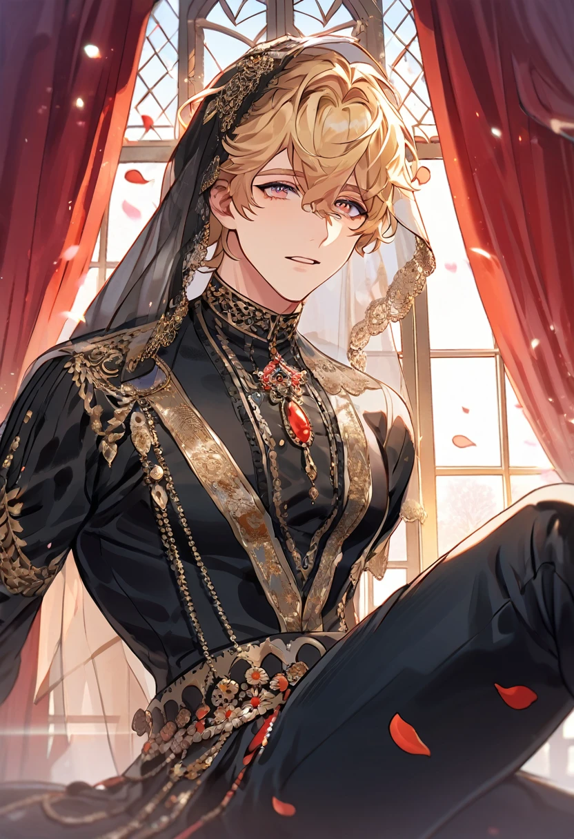 absurdres, highres, ultra detailed, HDR, master piece, best quality, perfect face, beautiful eyes, delicate features, Quincy, blonde messy hair, expressive ember eyes, Nu Carnival, solo, man, handsome, bedlah clothes, black pants, black veil, window, castle, red curtains, petals, chandelier