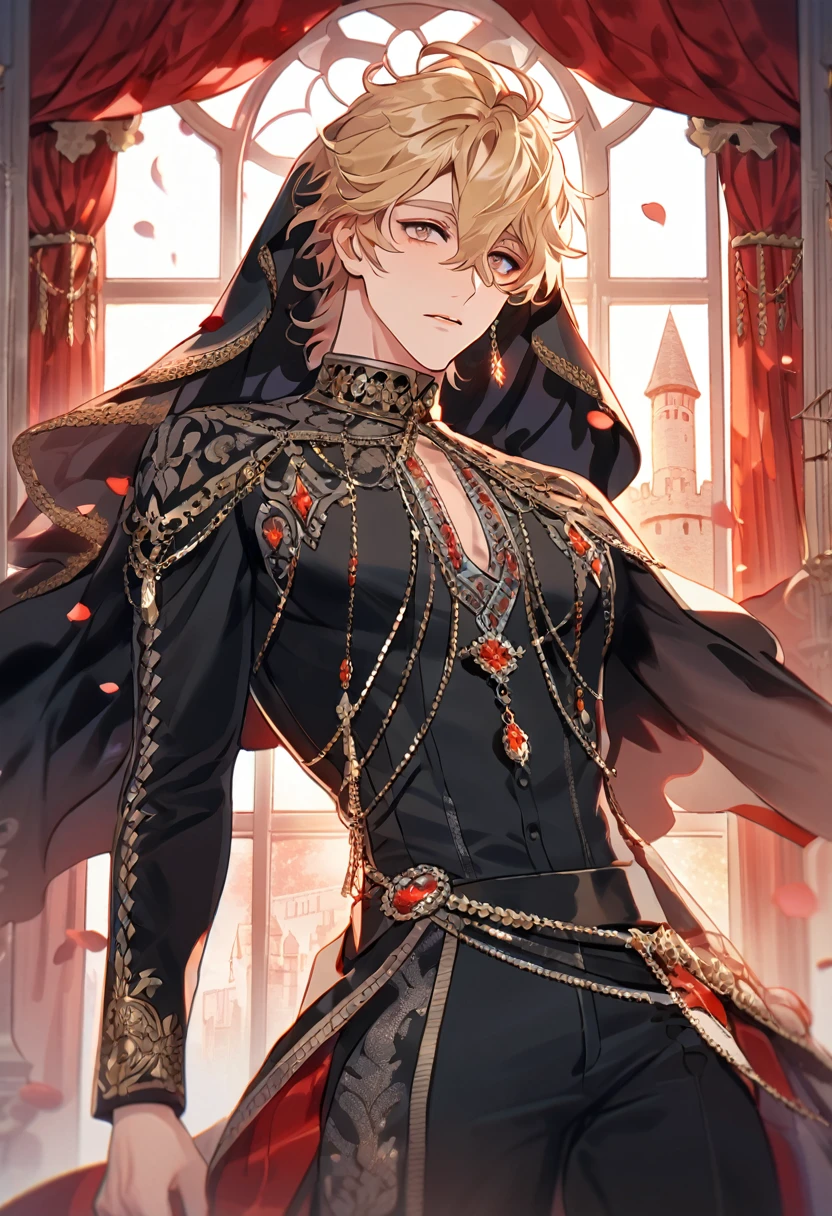 absurdres, highres, ultra detailed, HDR, master piece, best quality, perfect face, beautiful eyes, delicate features, Quincy, blonde messy hair, expressive ember eyes, Nu Carnival, solo, man, handsome, bedlah clothes, black pants, black veil, window, castle, red curtains, petals, chandelier