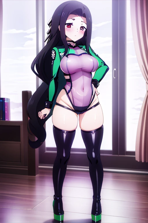 masterpiece, best quality, ultra-detailed, kawaii, cute, lovely, sexy, extremely detailed, 4K, 8K, best quality, beautiful, anime style, evening, a cute girl, 1girl, solo, beautiful eyes, large breast, smugness, blush,corruption,Mayumi Saegusa,(clothed),(leather jacket,naughty expression,denim shorts),groin,(tight suit,Fishnet tights,high heels),m legs