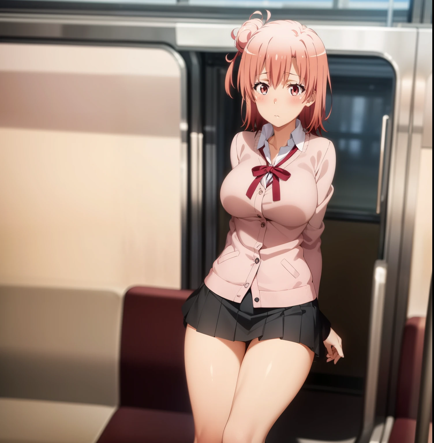 1girl, alone, yuigahama Yui,((masutepiece, Best Quality, hight resolution, nffsw, Perfect Pixel, depth of fields, 4K, )), Beautiful anime girl, Beautiful Art Style,
close up, Looking at Viewer, from behind, pov (from below),Perfect body, Full body, Short hair, Pink hair, (large boob),
Full face blush, Shy, White shirt, Black skirt, pink cardigan, thighs thighs thighs thighs, on train, Standing,
From above, upper eyes,