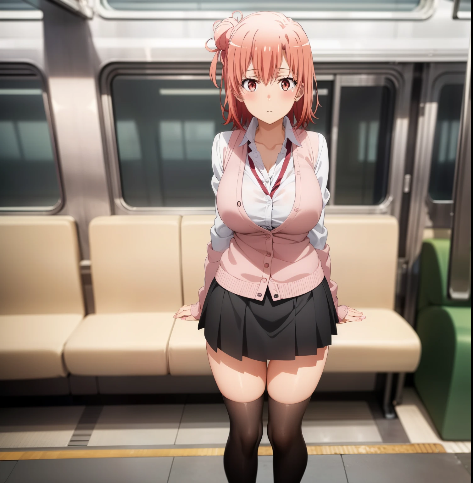 1girl, alone, yuigahama Yui,((masutepiece, Best Quality, hight resolution, nffsw, Perfect Pixel, depth of fields, 4K, )),  Beautiful anime girl, Beautiful Art Style, 
close up, Looking at Viewer, from behind, pov (from below),Perfect body,  Full body,  Short hair, Pink hair, (large boob), 
Full face blush, Shy,  White shirt, Black skirt, pink cardigan, thighs thighs thighs thighs, on train, Standing, 
From  above, upper eyes,