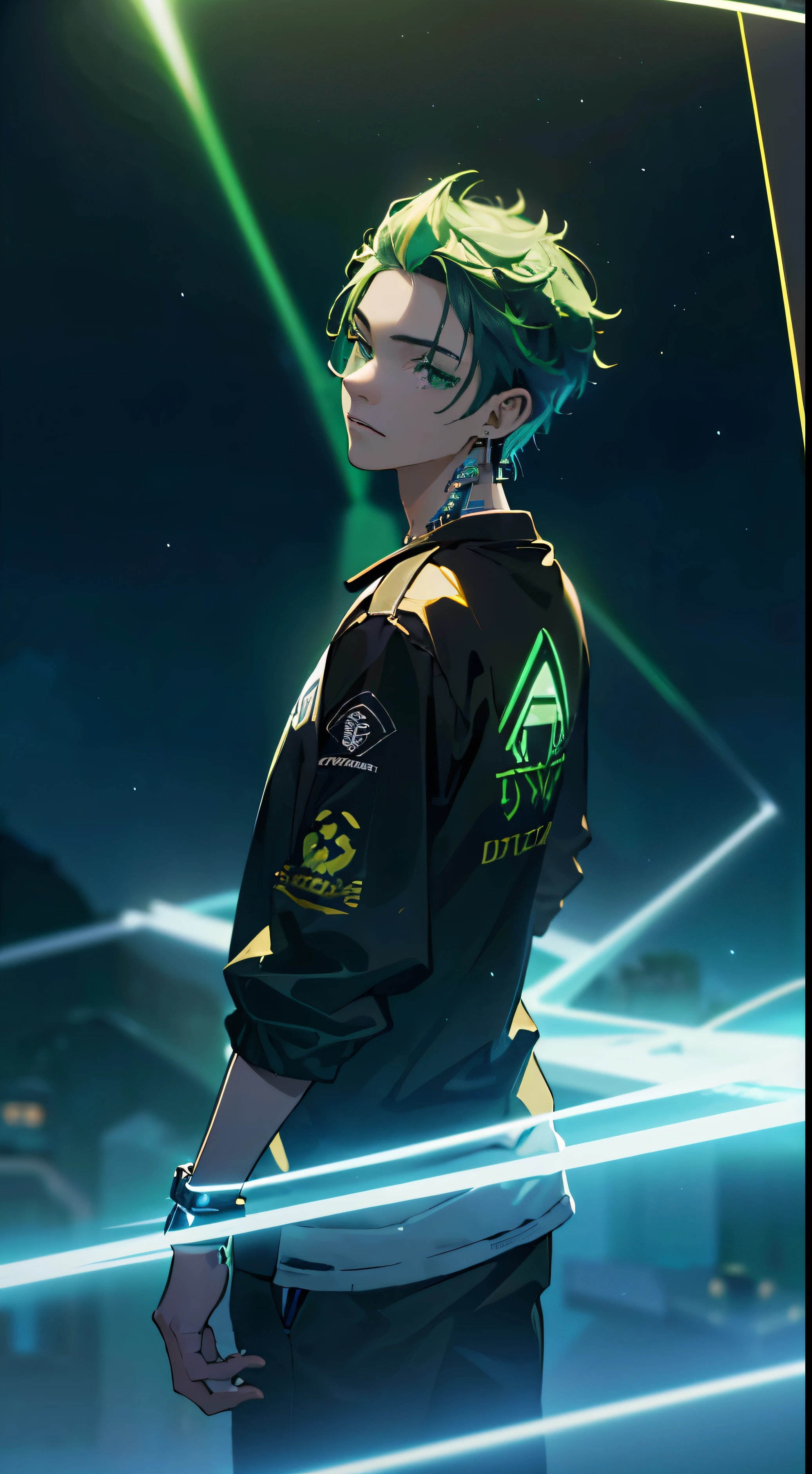 Um personagem adolescente de anime, vestindo um casaco preto e verde, personagem ultra digital,(((technological)), controlando hologramas digitais verde, hologramas, personagem Descolado, ((epic lighting)),((Epic scene)), ((best resolution))