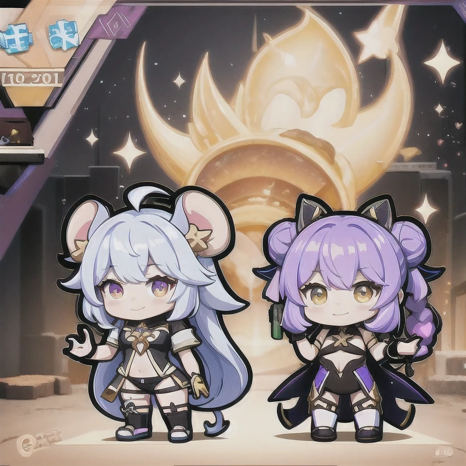 a cartoon image of a girl with a purple hair and a black top, kda, character art of maple story, （（Deer antler hair accessories））advanced digital chibi art, arcane art style, 2 d sprite, genshin impact character, official character art, chibi monster girl, chibi, , noire, ayaka genshin impact, maplestory mouse, hero 2 d fanart artsation，a cartoon image of a girl with a purple hair and a purple outfit, , chibi, kda, twitch emote, chibi monster girl, [[[[grinning evily]]]], 2 d sprite, of a ramlethal valentine, holding a pudica pose, melty, cute cyber gods, advanced digital chibi art（（2 girls ））Long purple-white hair，Double tail，big eyes，Sports Posture，Combat Status，Full mana