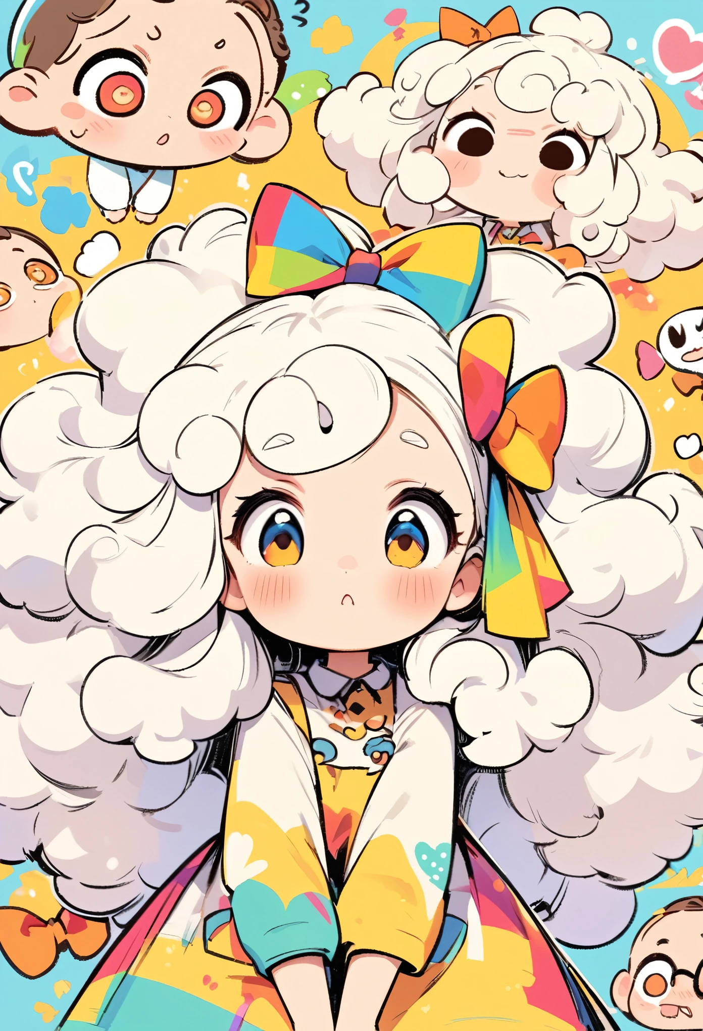 Hand-drawn style:1 Cute ,big eyes,Colorful doodle of fluffy curly hair,Oversized hair bow,Cute expressions