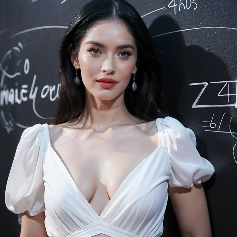 ((best quality, extremely detailed:1.8, hyperRéaliste:1.5, photorealistic:1.5, grande profondeur de champ, vue de face, very beautiful 40 year old woman in fitted tailored dress, devant un grand tableau noir )), ((femme debout habillée en blanc, she has a serious pose)),((Dans une salle de conférence une physicienne donne un cours, elle est devant un immense tableau noir où sont écrits beaucoup d'équations mathematics et beaucoup de schémas scientifiques, corps entier, le tableau recouvre tout le mur, chalk writing)), (un tableau avec de nombreux calculs mathematics différents, Mathematics and Geometry, mathematics, mathematical Equations, complex mathematical form, les mathematics unifient la science, Mathematical Equations in the background, Equations, mathematical art, formules, tableau noir, geometric figures, beautiful Equations, formules, Blackboard in the background, mathematics, geometric figures, The Big Bang Theory TV show), ((detailed woman face looking at camera, yeux bleus, White clothes)), (photorealistic), sharp eyes, (elle porte une longue blouse blanche de chimiste décolletée), poitrine push-up, very thin waist, jambes longues, longues jambes, fine and detailed hands, detailed hairstyle, very long hair, White clothes, habits blanc, vêtue de blanc, femme de 40 ans charismatique, charisme, charismatique, sparkling eyes