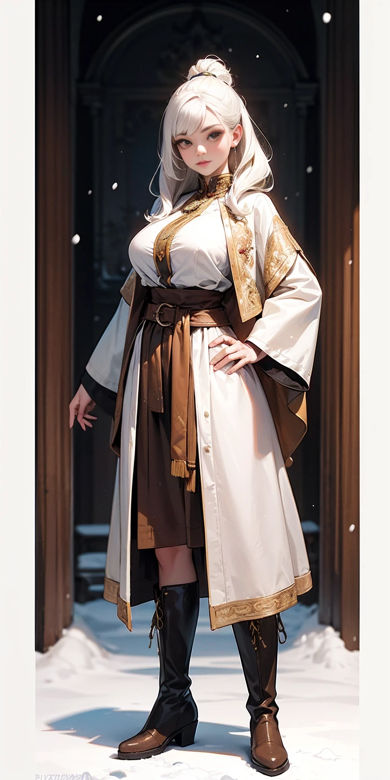 full body standing straight symmetrical, FEMALE warrior princess, big belt around waist, hair, very white skin like snow, wearing full HERBALIST CLOTHES, brown leather boots, HERBALIST outfit, MILF bimbo