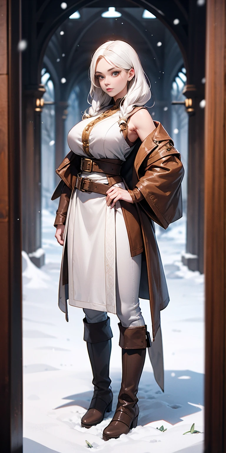 full body standing straight symmetrical, FEMALE warrior princess, big belt around waist, hair, very white skin like snow, wearing full HERBALIST CLOTHES, brown leather boots, HERBALIST outfit, MILF bimbo