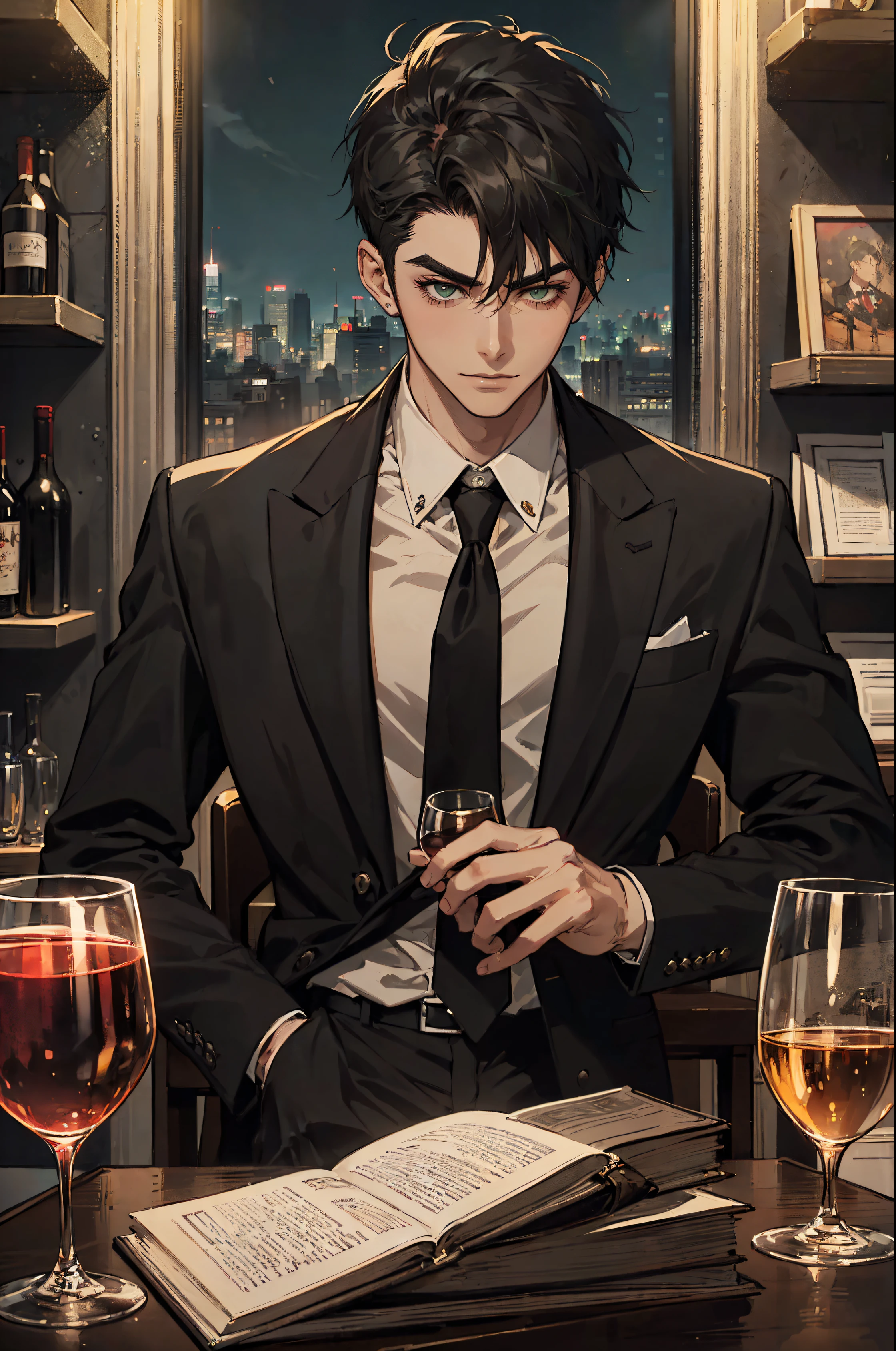 ((One young man with a black suit and tie)), gotham, alejandro, (((side swept black short hair))), (dark green eyes and thick eyebrows), smirk, ((20 years old)), ((masterpiece)), (cinematic lighting), hold a glass of wine