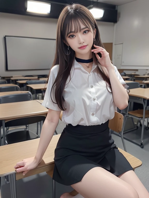 (8k,high resolution,Masterpiece, best quality, alone, complicated details, Chromatic aberration), realistic, ((Moderate breath)), hair in one eye,purple eyes, big round hoop earrings, sharp eyes, Diamond choker, red gemstone necklace,(symmetrical eyes),(Perfect symmetrical body),Photo of a beautiful 37 year old teenage girl.....,(fit the body), ,Beautiful and charming with contemporary fashion paintings as well........., looking at the audience, ((Behind the scenes of a large classroom)), (black short skirt), ((The young woman wore a form-fitting white short-sleeved shirt......, Unbuttoning, revealing breasts)), ((A short black pencil skirt with a deep slit on the side.......)), belt, ((Put your hands down.)),Bob, long hair, Side flatness,,Copper blonde hair, sit, sharp eyeliner, Blush eyeshadow with thick eyelashes, Very delicate and beautiful, round chin, Sharp focus, elegant,sit fully on the study table Turn your head with your legs open at eye level., Open your legs and lift your right leg over your left leg., Let it rest naturally at eye level.., Separate your legs slightly... dynamic gesture, mahalaiuniform
