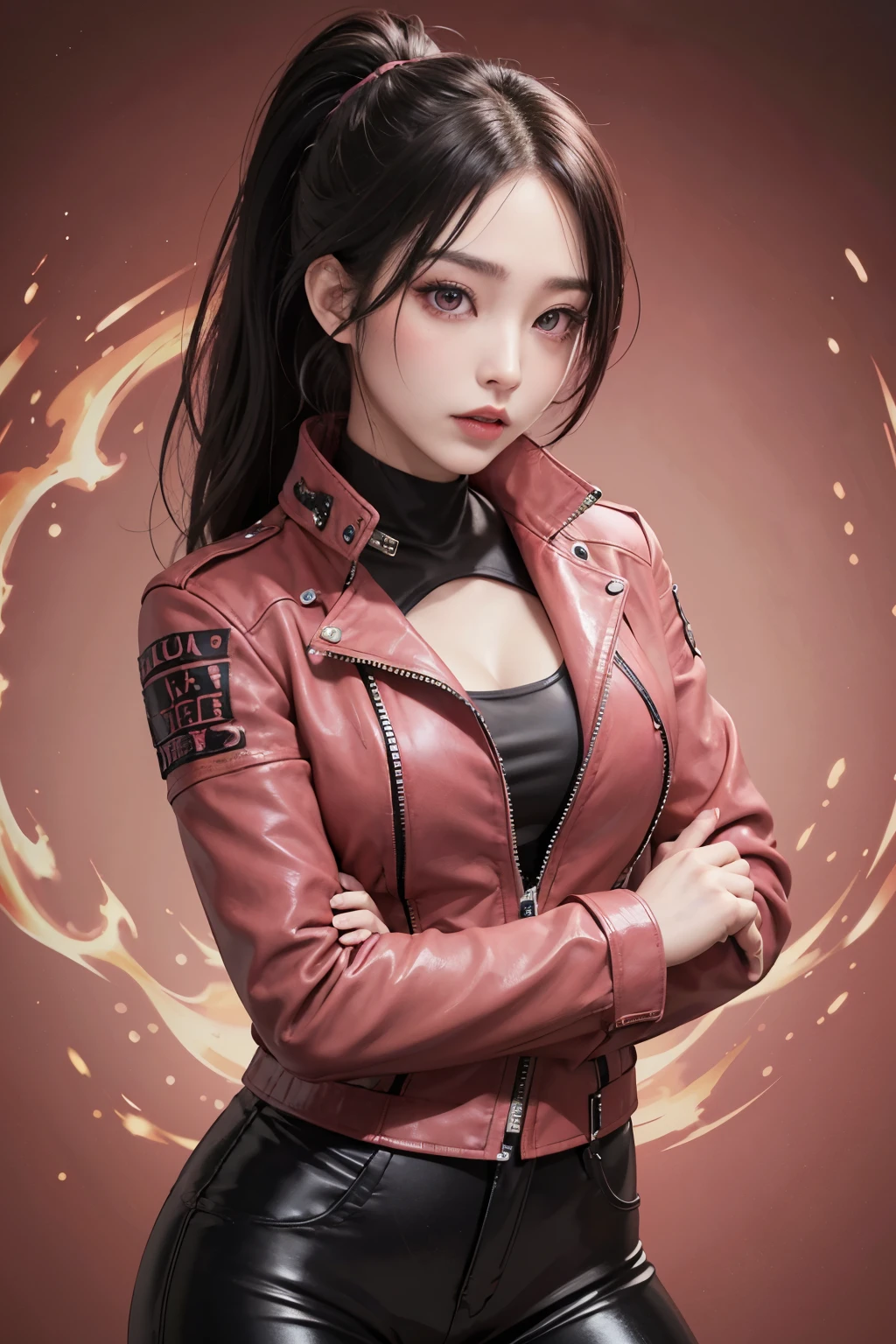 1 woman,masutepiece,Best Quality,High contrast,((Perfect Eye)),((Pink eyes)),((Perfect face)),parted_Lips,((red color flame background)),(Black leather jacket),(Black leather pants),Ponytail,8K,