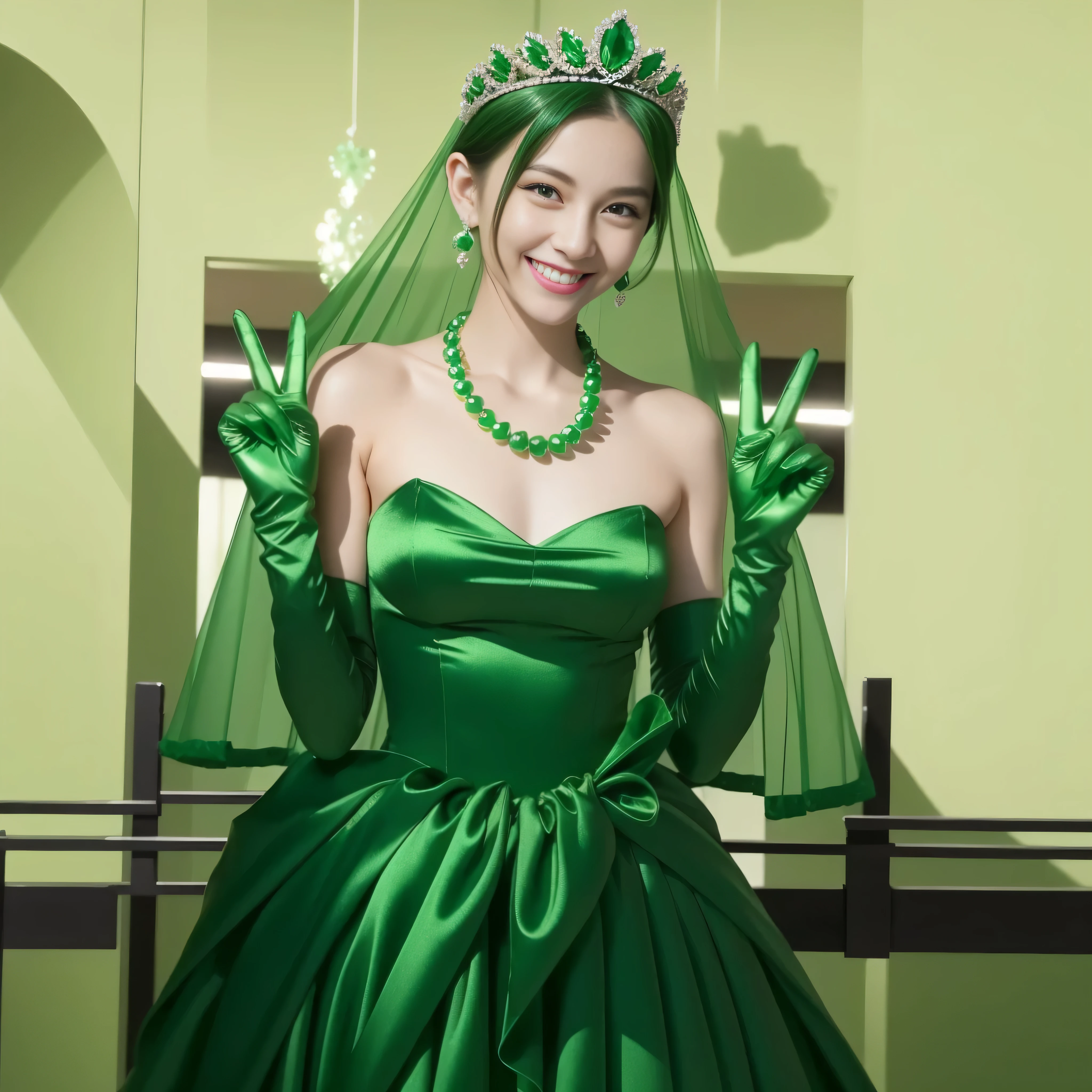 Emerald tiara, Green Pearl Necklace, Boyish very short green hair, lipstick, Smiling Japanese woman, Very short hair, Big and beautiful, Green Eyes, Long green satin gloves, Green Eyes, v sign, Emerald Earrings, Green veil