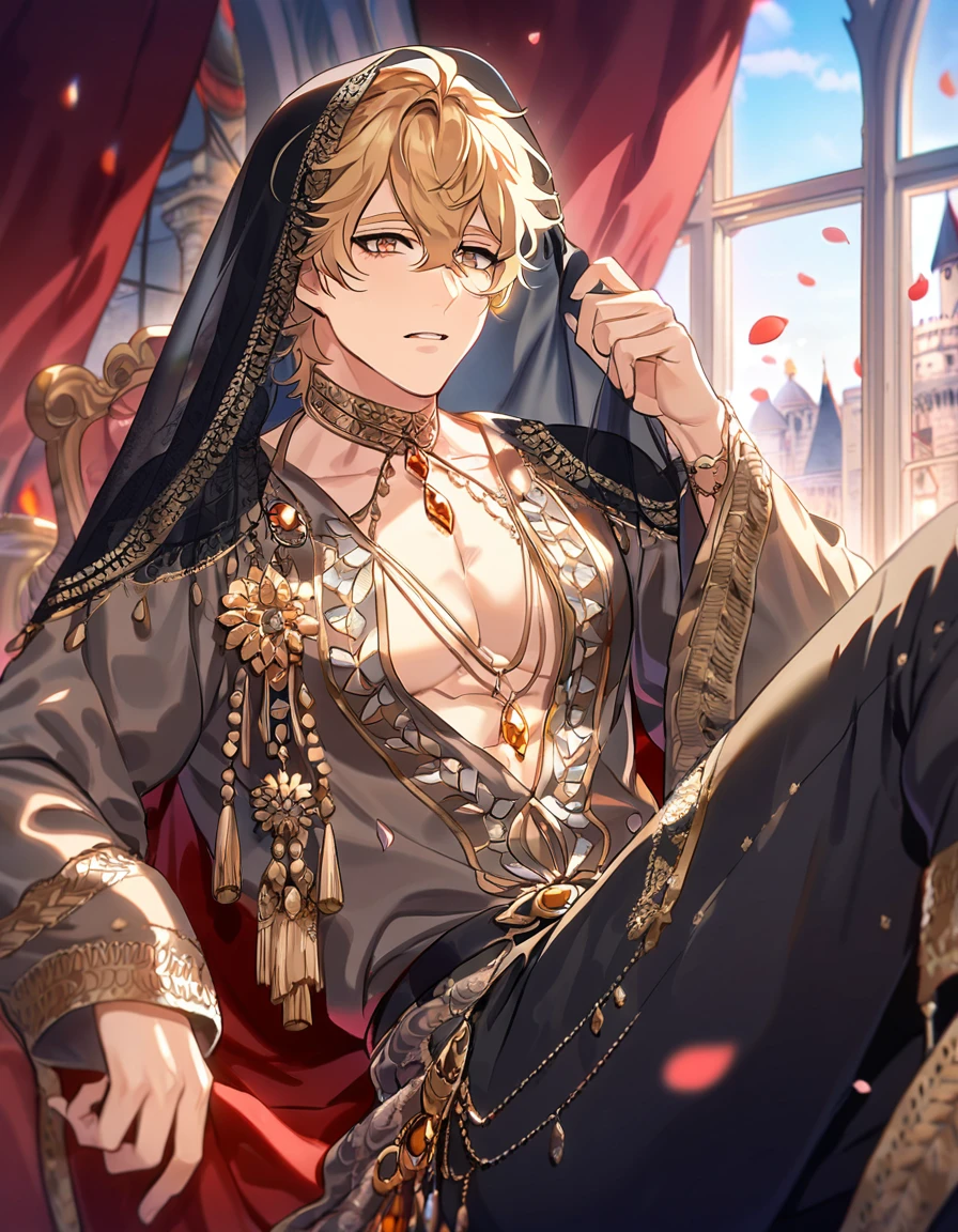 absurdres, highres, ultra detailed, HDR, master piece, best quality, perfect face, beautiful eyes, delicate features, Quincy, blonde messy hair, expressive amber eyes, Nu Carnival, solo, man, handsome, bedlah clothes, black pants, black veil, window, castle, red curtains, petals, chandelier