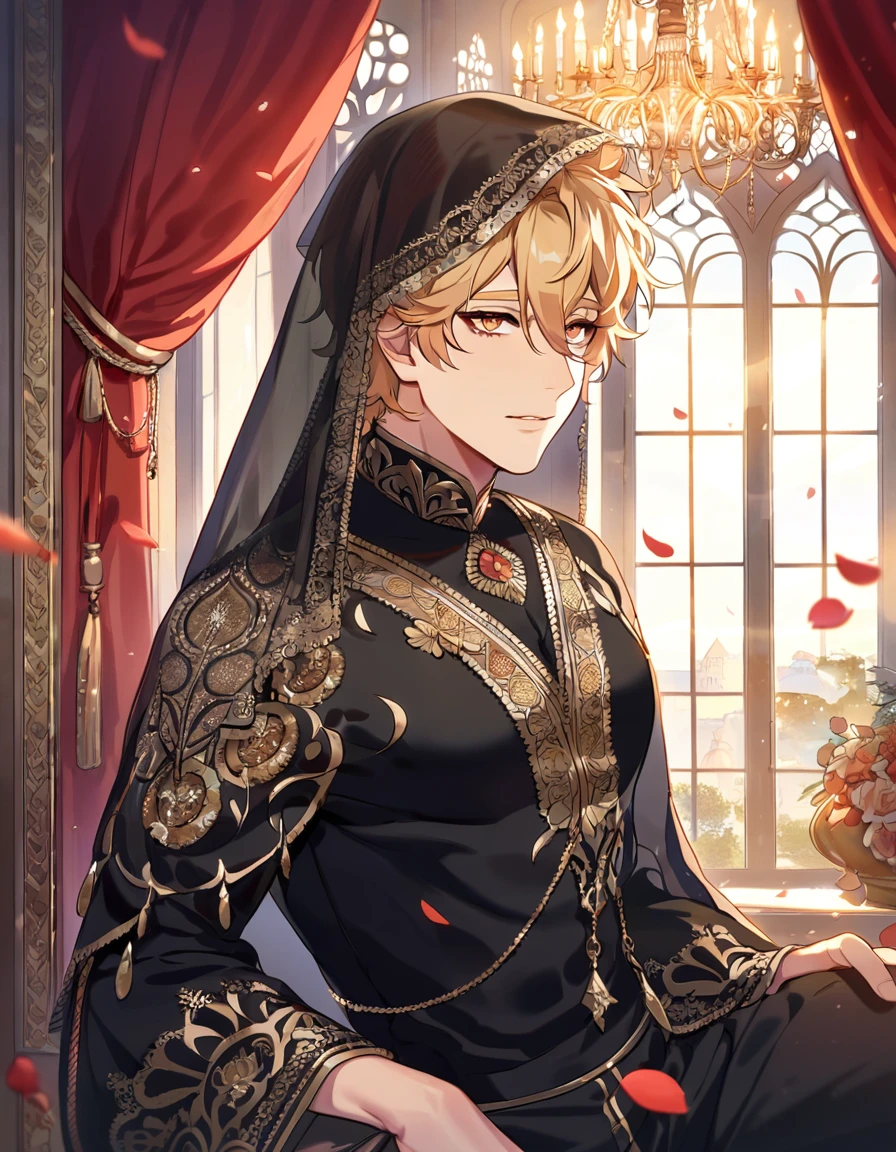 absurdres, highres, ultra detailed, HDR, master piece, best quality, perfect face, beautiful eyes, delicate features, Quincy, blonde messy hair, expressive amber eyes, Nu Carnival, solo, man, handsome, bedlah clothes, black pants, black veil, window, castle, red curtains, petals, chandelier