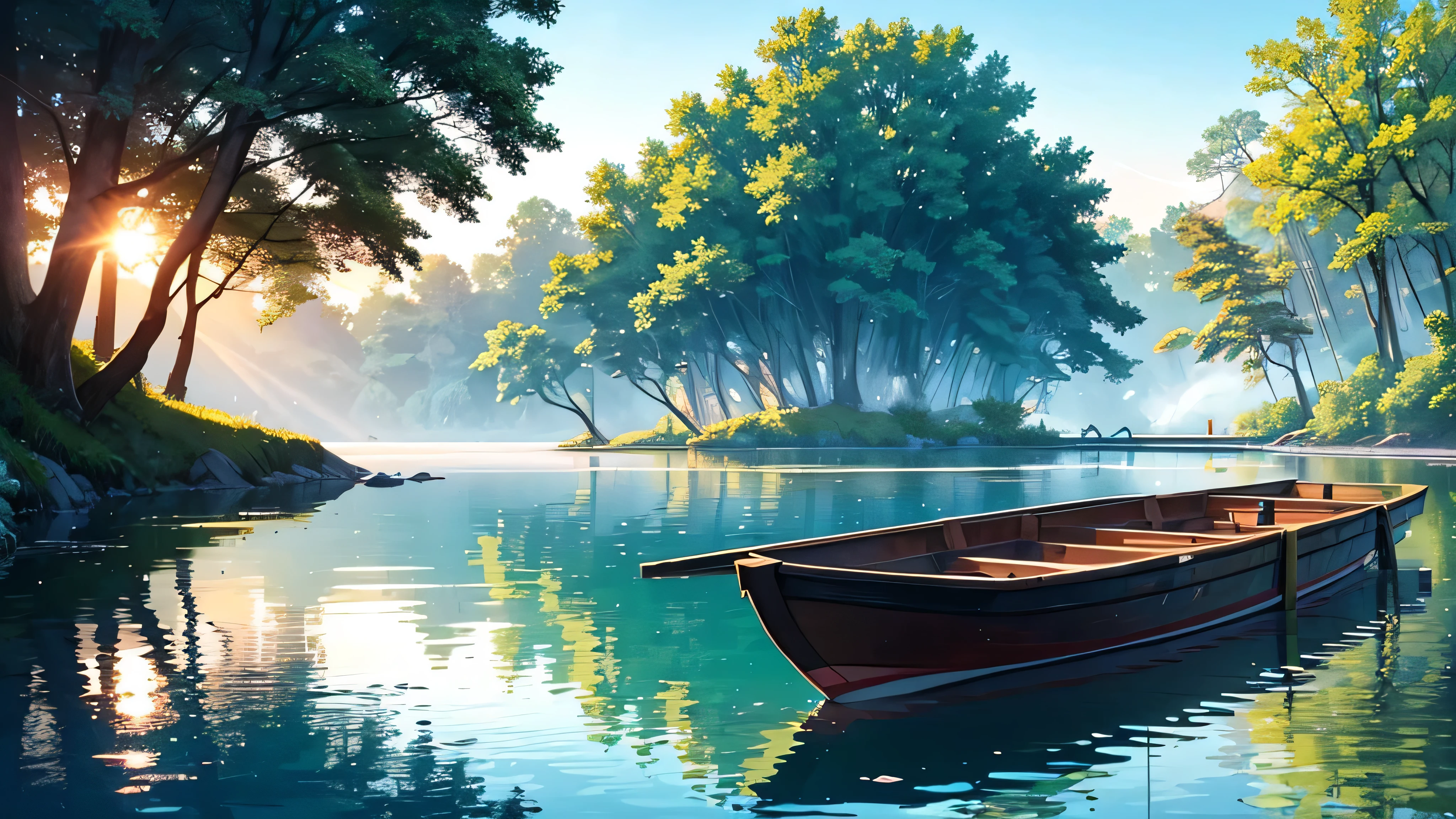 Create a serene anime scene of a peaceful lakeside retreat. The setting features a crystal-clear lake surrounded by lush greenery and tall, gently swaying trees. A quaint wooden dock extends into the water, where a small rowboat is tied up, gently rocking with the ripples. Nearby, a cozy cabin with smoke curling from the chimney is nestled among the trees, adding to the tranquil atmosphere. The sky is a soft pastel gradient of pink and blue as the sun sets, and a gentle breeze creates small ripples on the lake's surface. A couple of deer graze nearby, adding to the peaceful and idyllic scene.