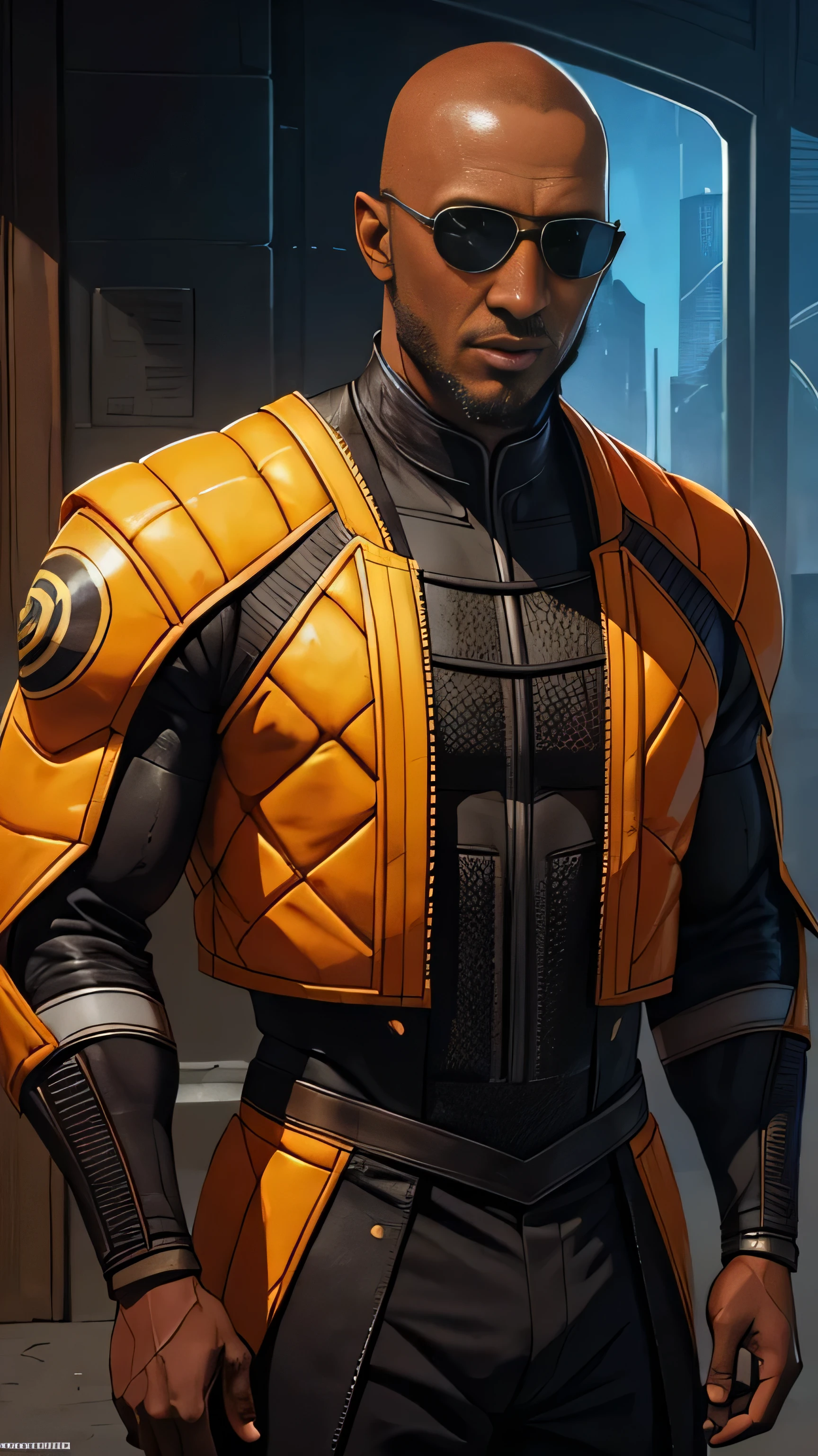 (Mahershala Ali) as Darrius from Mortal Kombat, well-groomed beard, bald head, black techno suit, (orange line patterns:0.8), sunglasses, 1man, solo, full body view, front view, looking at viewer, intricate, high detail, sharp focus, dramatic, photorealistic painting art by greg rutkowski