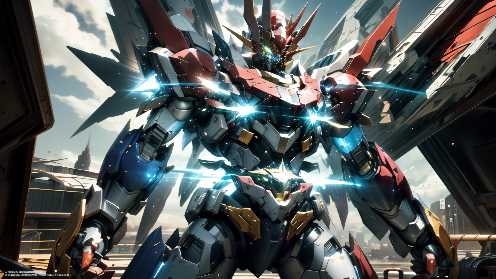 A man wearing a full-face helmet, a fantasy-style biotech armored combat suit, green eyes, (a composite layered chest armor), fully enclosed shoulder guards, matching arm and leg guards, the belt is adorned with Z mark, (the color scheme is primarily white with red and blue accents), the design balances heavy with agility, a high-tech bio-mecha armor, (Armor Concept Inspired by Mazinger Z, stand on the top of a skyscraper in a futuristic sci-fi city), this character embodies a finely crafted fantasy-surreal style armored hero in anime style, exquisite and mature manga art style, (battle damage, element, plasma, energy, the armor glows), ((male:1.5)), metallic, real texture material, dramatic, high definition, best quality, highres, ultra-detailed, ultra-fine painting, extremely delicate, professional, perfect body proportions, golden ratio, anatomically correct, symmetrical face, extremely detailed eyes and face, high quality eyes, creativity, RAW photo, UHD, 32k, Natural light, cinematic lighting, masterpiece-anatomy-perfect, masterpiece:1.5