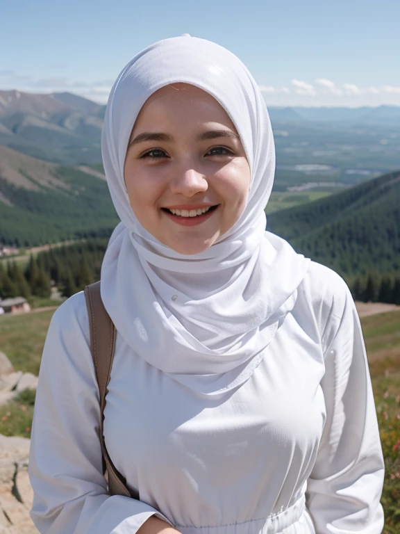 1 Girl, Beautiful, Russian , 20 Years Old, White Skin, Hijab Muslim Outfit, Top of The Mountain Background, Wind, Laughing, Tighten Breast