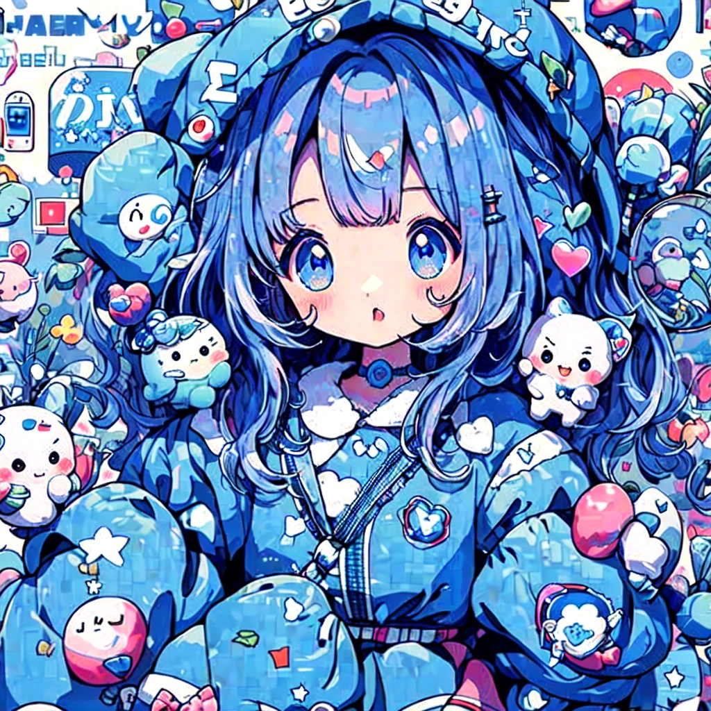 highest quality、Masterpiece、、Oji Art、16K、Ultra-detailed eyes、Chibi、kawaii tech、A blue rabbit costume with ears and a hood、joy、happy、really like、❤❤、A Kind World、fluffy、