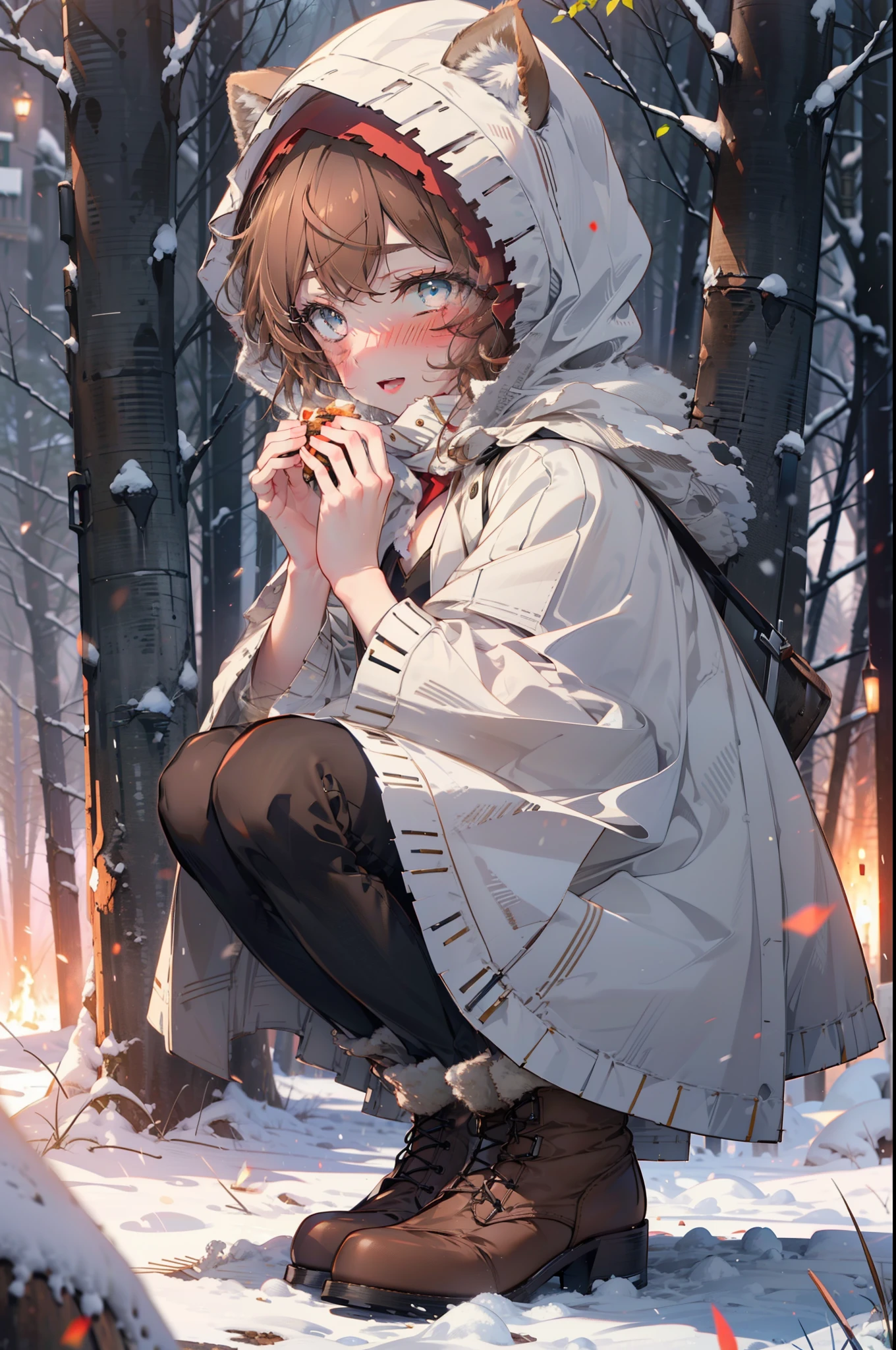 Liliru Card, Liliruca gets burned, Animal ears, (Brown eyes:1.7), Brown Hair, (Flat Chest:1.2), short hair,smile,blush,White Breath,
Open your mouth,snow,Ground bonfire, Outdoor, boots, snowing, From the side, wood, suitcase, Cape, Blurred, having meal, forest, White handbag, nature, Squat, Mouth closed, Cape, winter, Written boundary depth, Black shoes, red Cape break looking at viewer, Upper Body, whole body, break Outdoor, forest, nature, break (masterpiece:1.2), highest quality, High resolution, unity 8k wallpaper, (shape:0.8), (Beautiful and beautiful eyes:1.6), Highly detailed face, Perfect lighting, Extremely detailed CG, (Perfect hands, Perfect Anatomy),