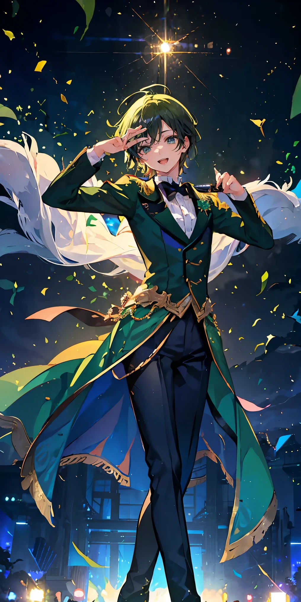(Mastepiece), (Best Quality), Very detailed, ((1 boy)), Perfect Face, Beautiful Face, Very detailedな顔,((Green Hair_short hair_Green Eyes:1.3)),Male solo idol、Gorgeous idol costumes、Costumes with lots of frills、Cape、boots、(pants:1.2)、(Hold the microphone)、stage、Concert Dome、Lots of confetti、(smile:1.4)、(Open your mouth wide)、sing、dance、Wink、Laser light、Spotlight