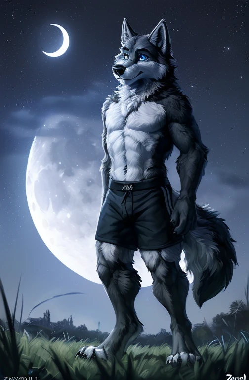 , (((ditigal art style, cartoon, A furry character wolf thats mostly gray with some black fur on his back and legs with a white torso  his head has black and white fur and has dog/wolf like ears which has black fur on it

And his tail is a combination of black white and gray fur With blue eye

With blue eyes wearing black shorts, detailed, uploaded to e621, beautiful and detailed portrait of an anthropomorphic , (((male))) uploaded to e621, zaush, foxovh, movie lighting, , thicc, alone, outdoors, outside in a field Howling at the moon, bright large moon, 