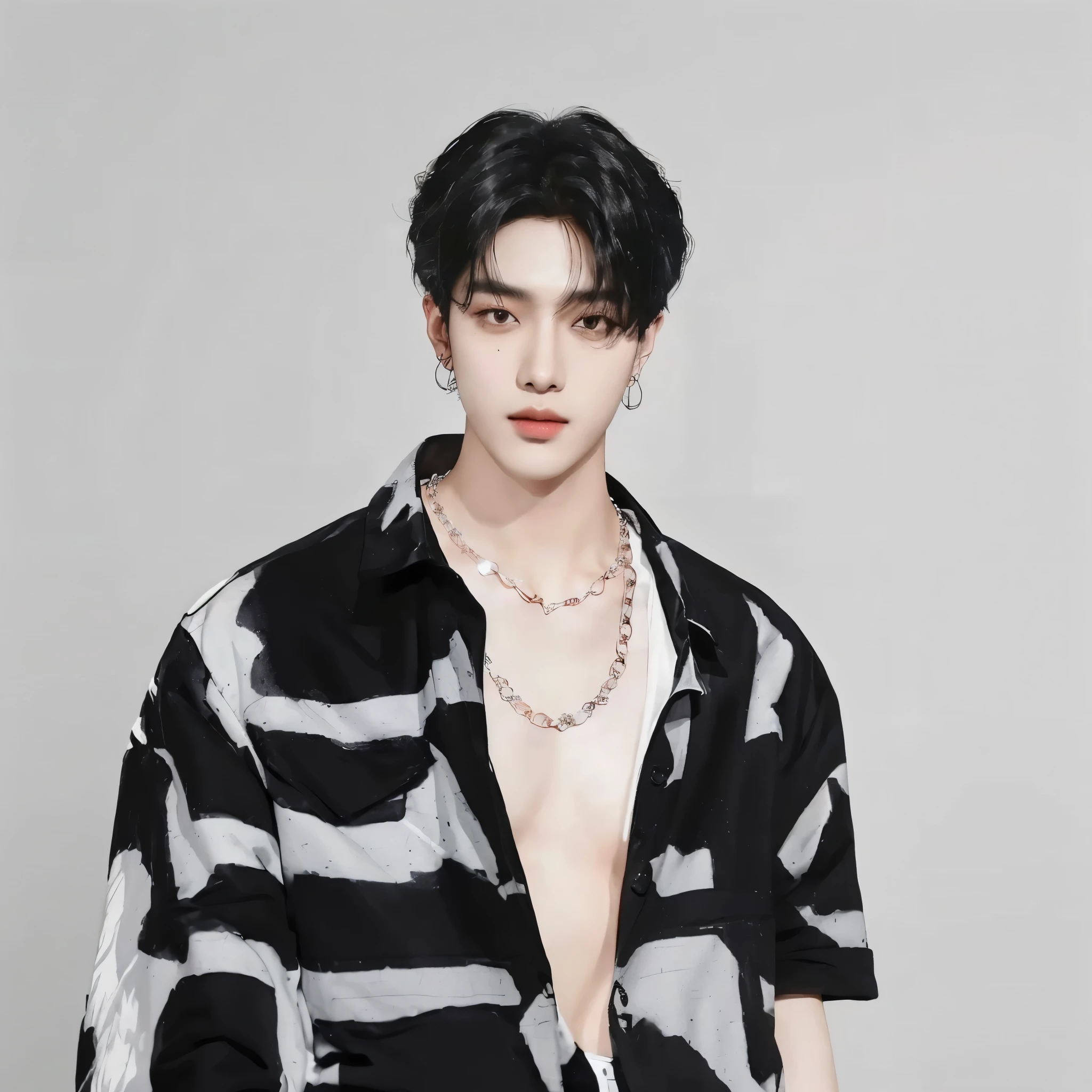 Model Aarav wore a black and white shirt and a necklace., Inspiration from Kim Deuksin, Inspired by Jeon Seok Lee, Inspired by Russell Dongjun Lu, Inspired by Jang Seung Op., Inspiration from Kang Se Hwang, Inspired by Sim Sa Jung, Inspired by Bian Shoumin, Inspired by Kim Hwan Ki